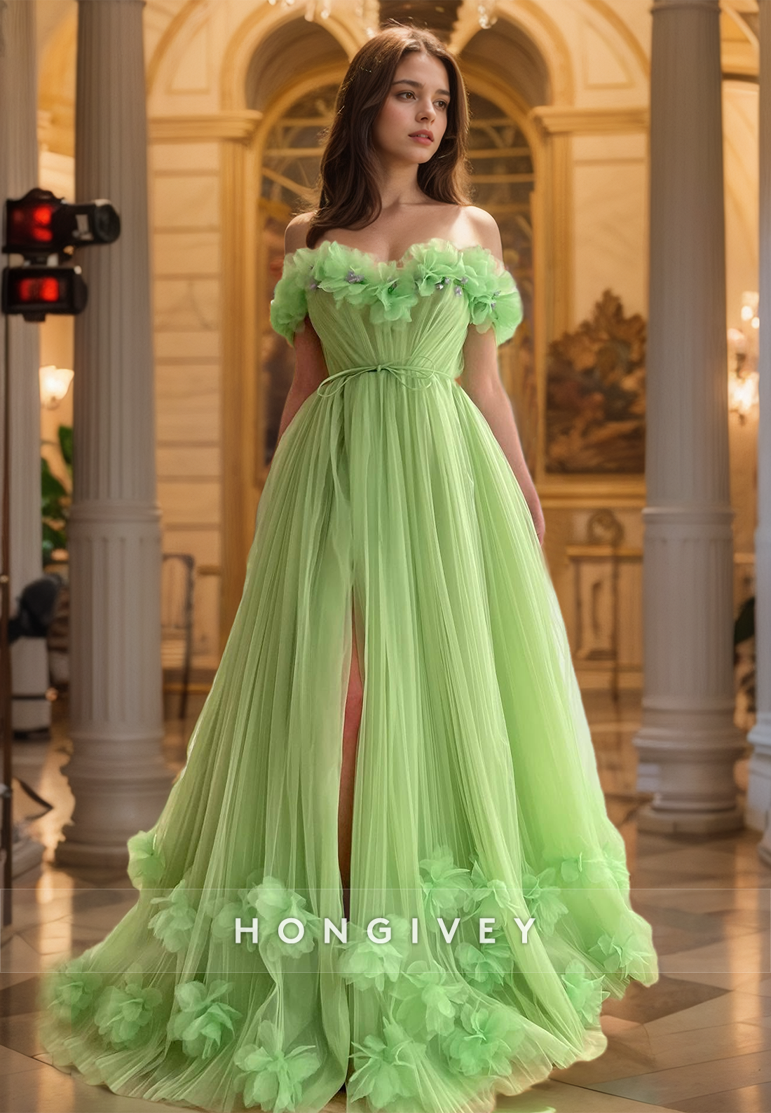 Elegant Green Organza Aline Prom Gown Offshoulder Floor Length Formal Party Dress