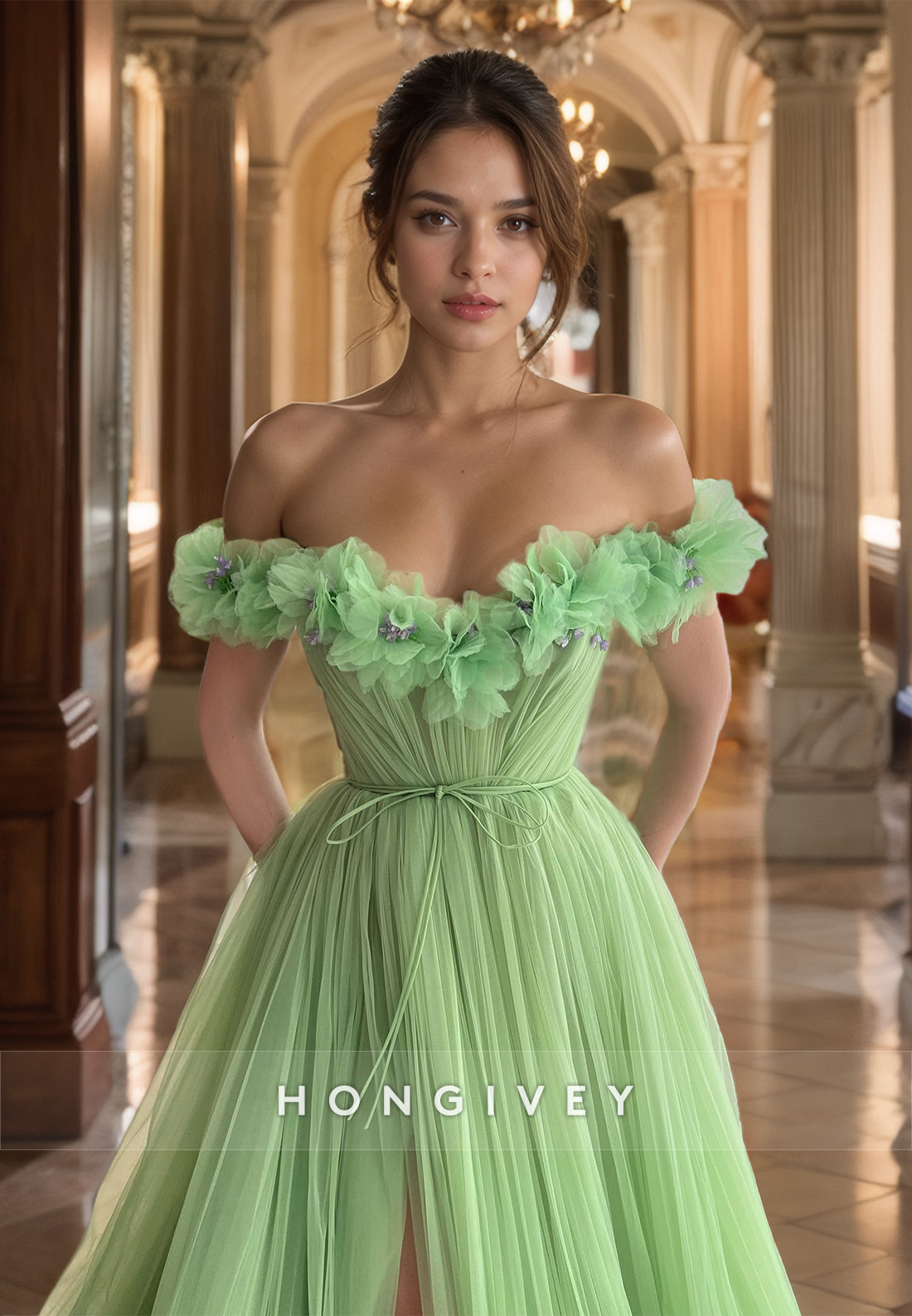 Elegant Green Organza Aline Prom Gown Offshoulder Floor Length Formal Party Dress