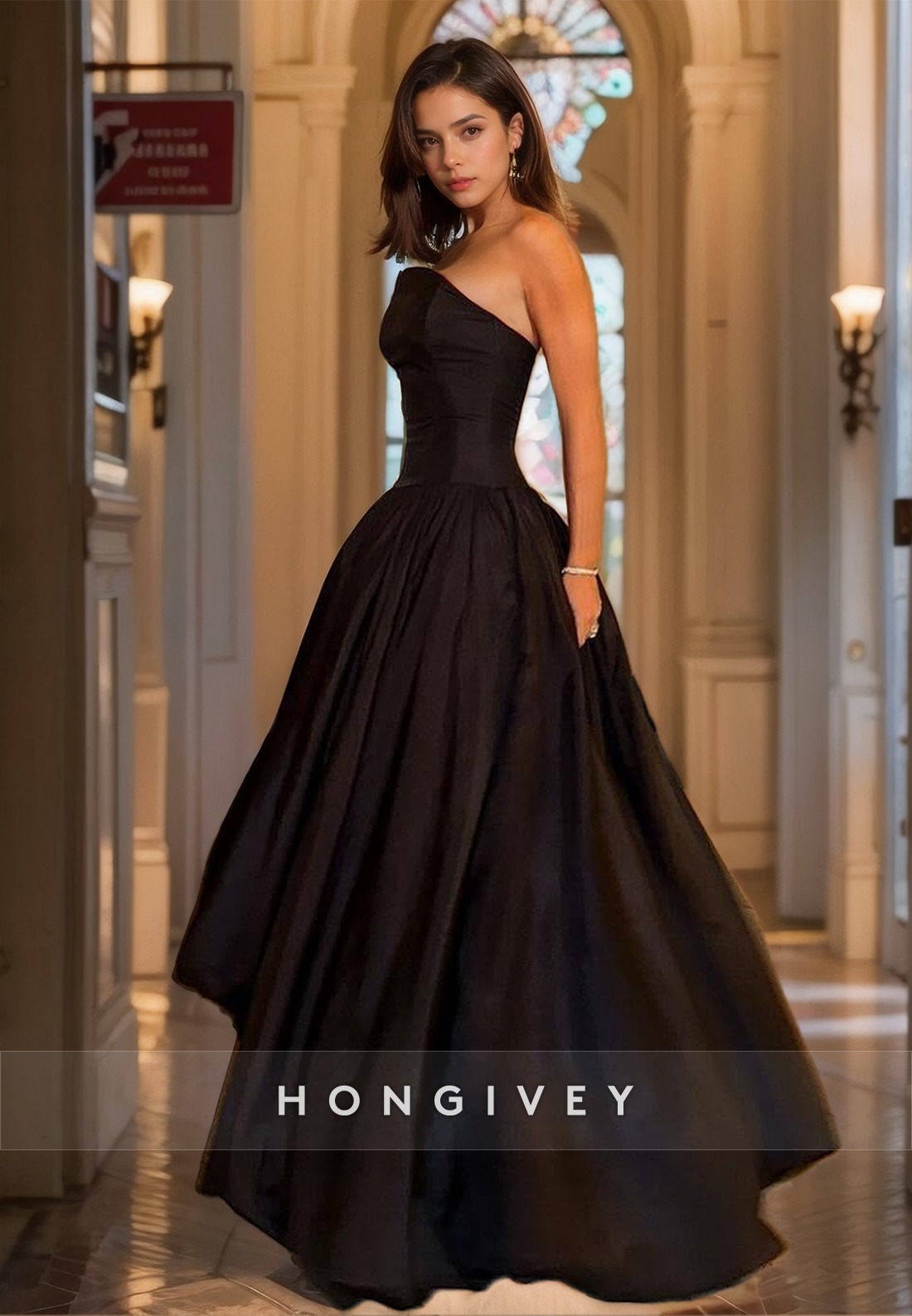 Simple Solid Black Aline Sleeveless Satin Formal Evening Gown Party Dress