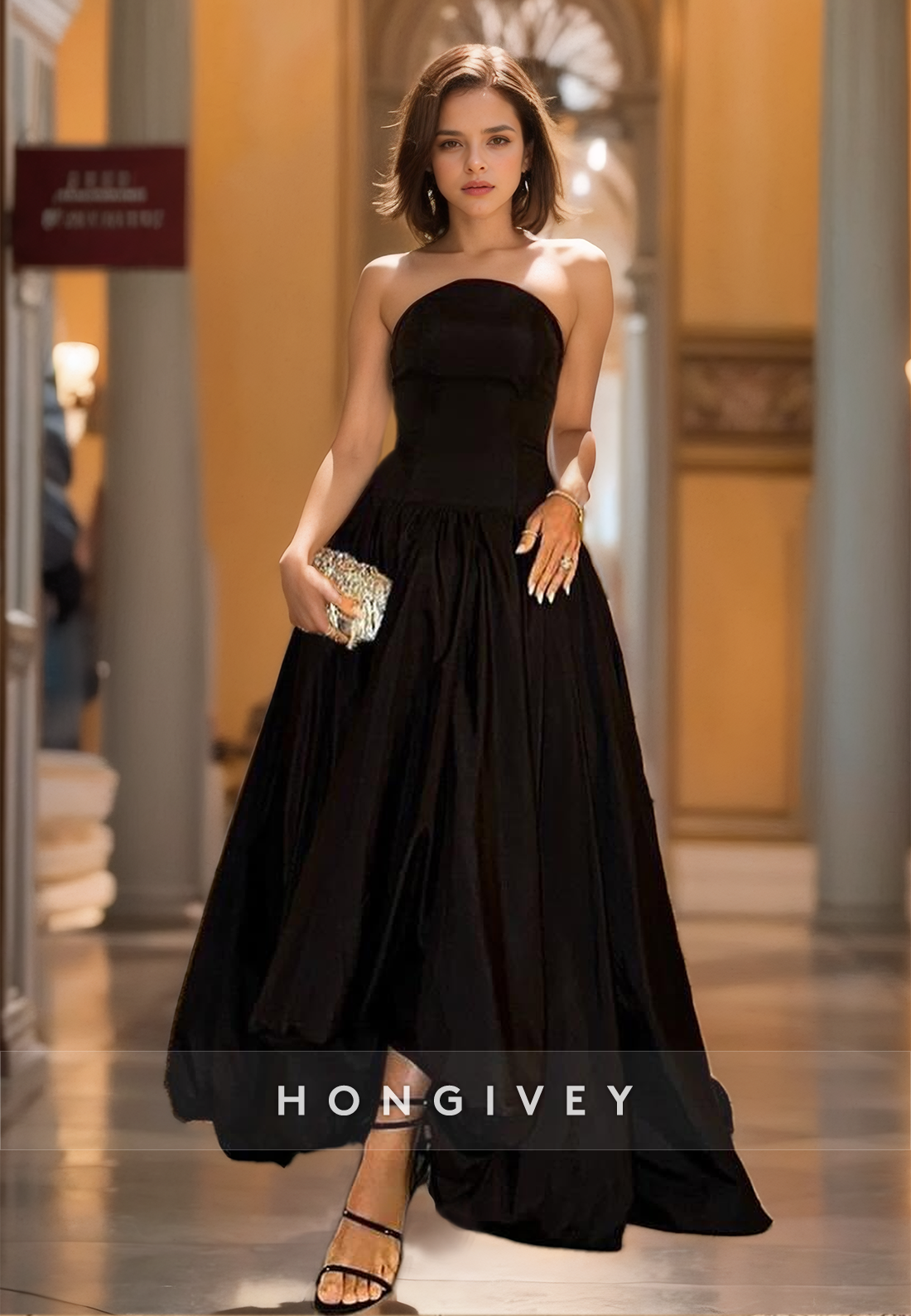 Simple Solid Black Aline Sleeveless Satin Formal Evening Gown Party Dress