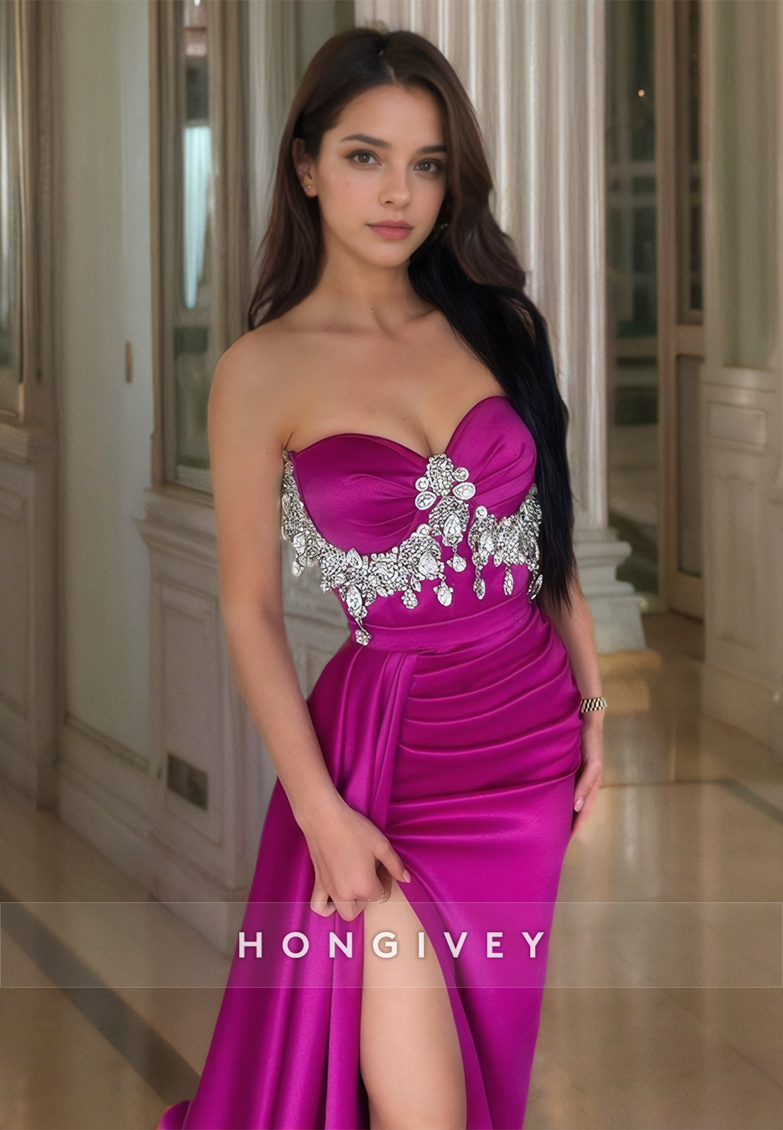 Classy Sweetheart Strapless Formal Evening Dress Beaded Fuchsia Prom Gown