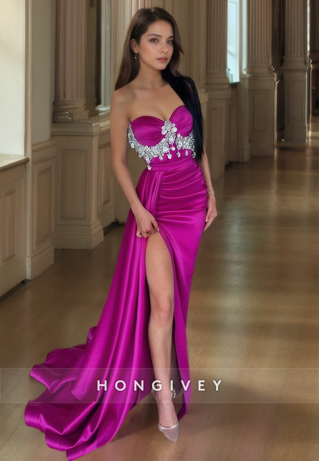 Classy Sweetheart Strapless Formal Evening Dress Beaded Fuchsia Prom Gown