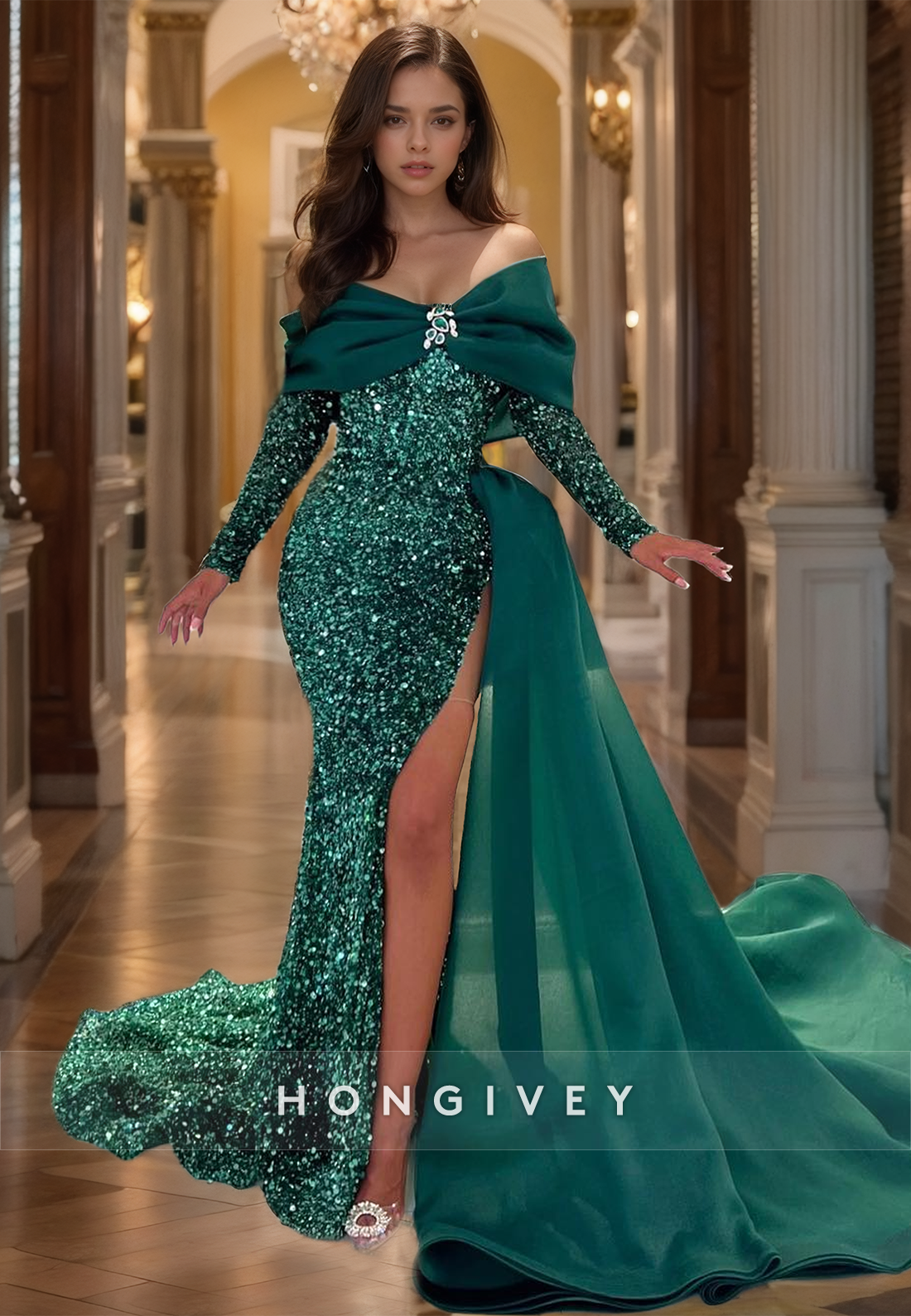 New Glitter Long Sleeves Formal Evening Dress Elegant Mermaid Pine Party Prom Gown