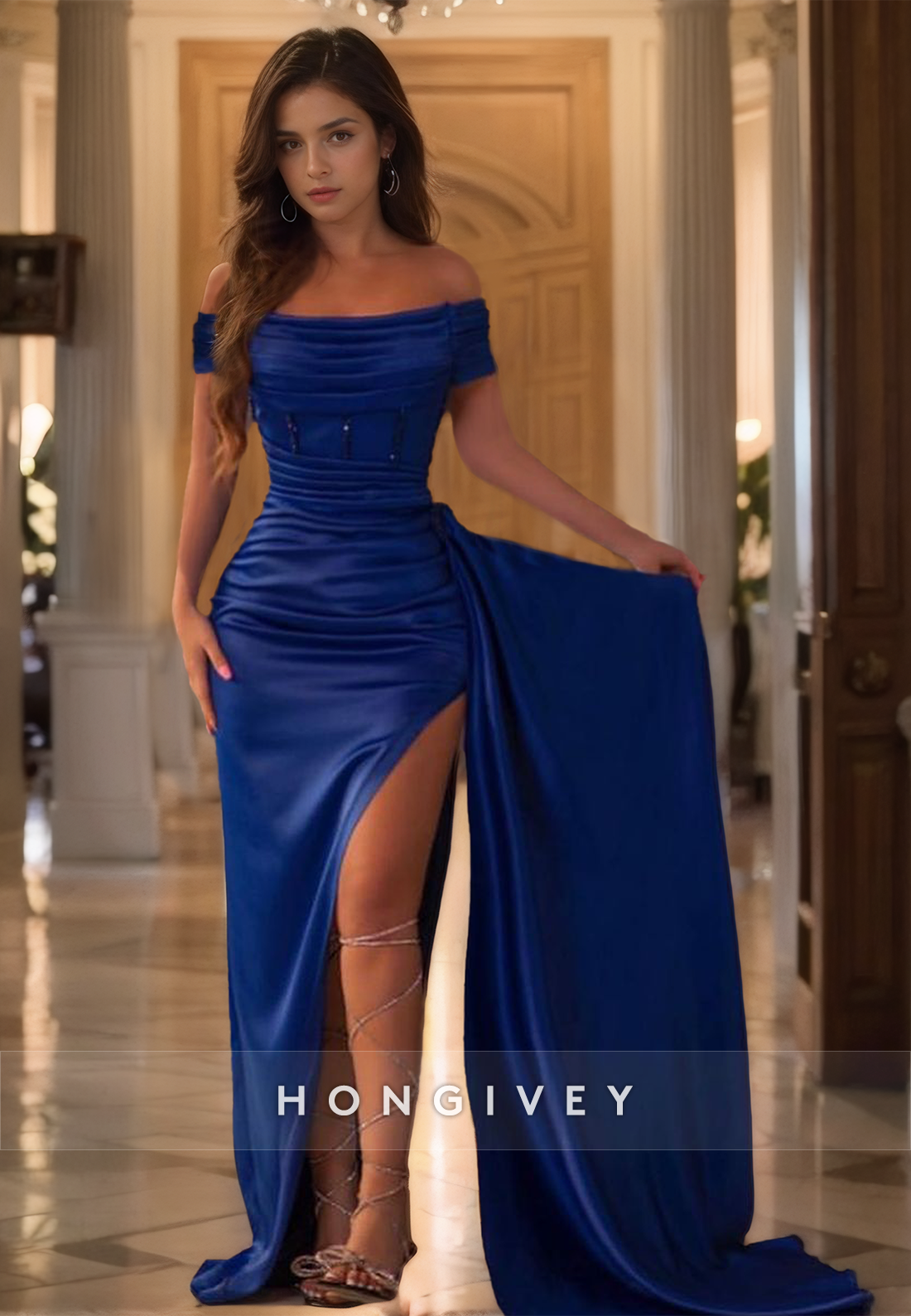 Elegant Royal Blue Offshoulder Formal Evening Dress With Train Floor Length