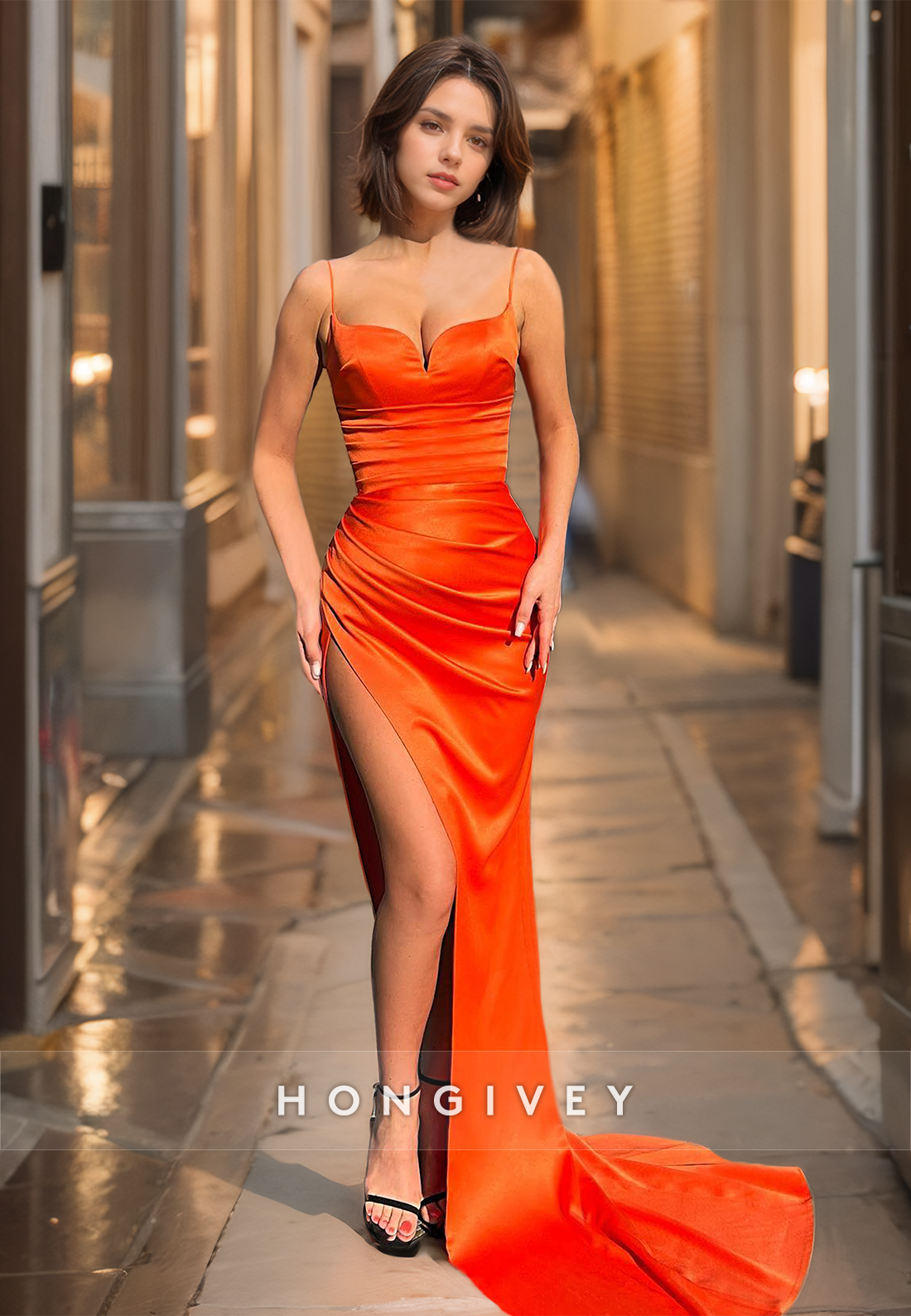 Straps Sweetheart Evening Dress Simple Orange Long Sleeveless Prom Gown