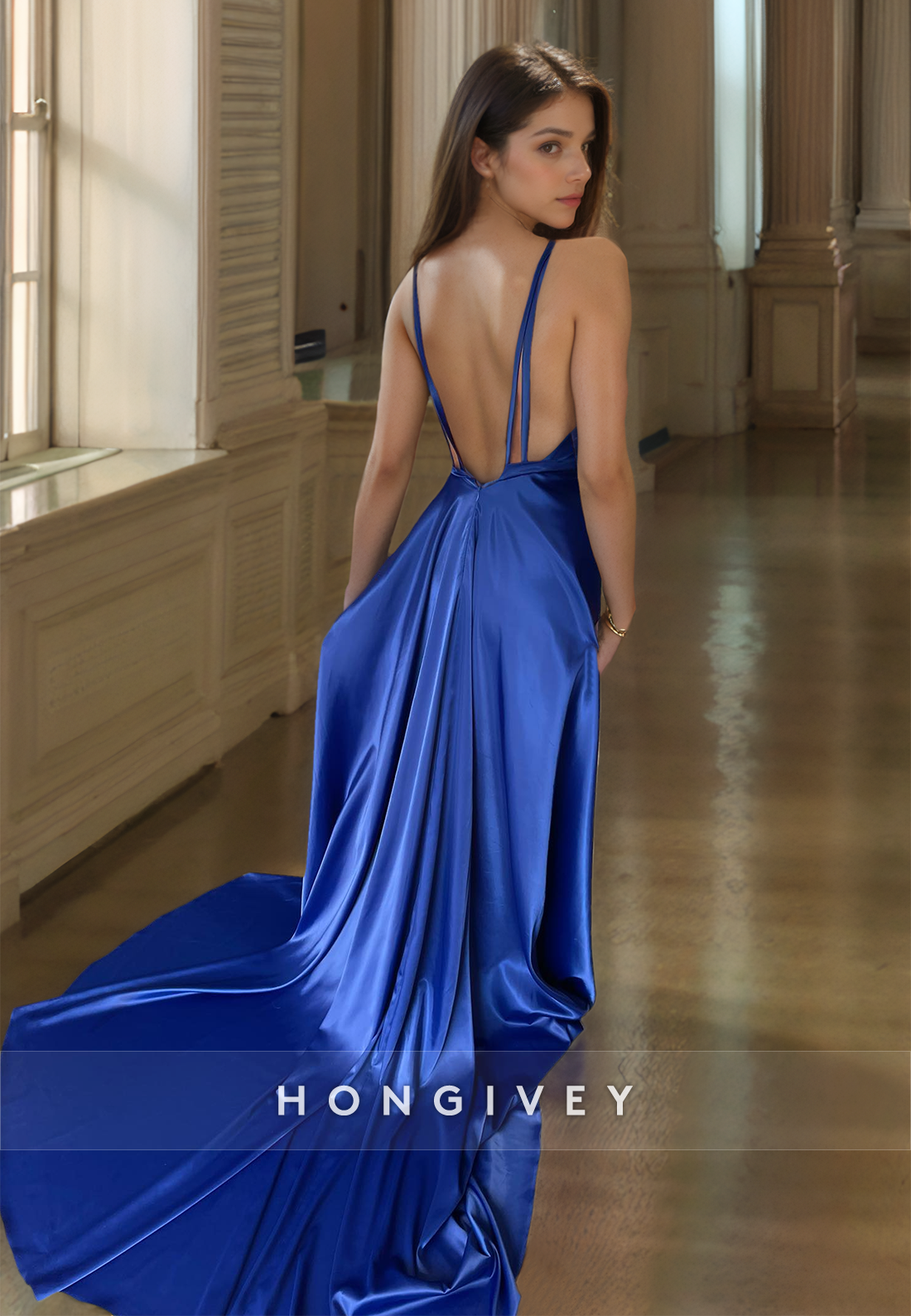 Sexy Vneck Backless Evening Dress High Slit Floor Length Prom Gown