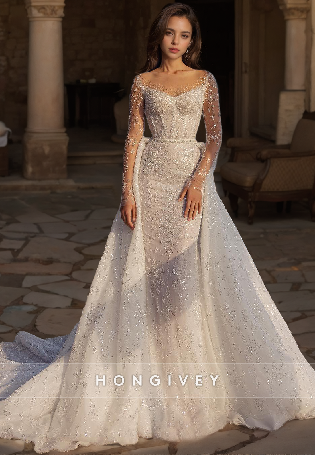 Luxury Mermaid Wedding Dress With Train New Sparkle Long Sleeves Bride Gown