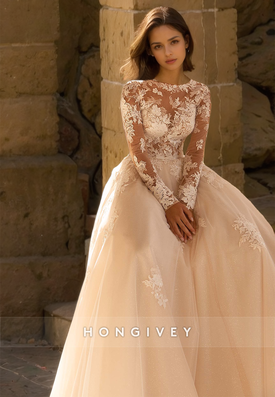 Lace Wedding Dresses Long Sleeves Bateau Organza Bridal Dress