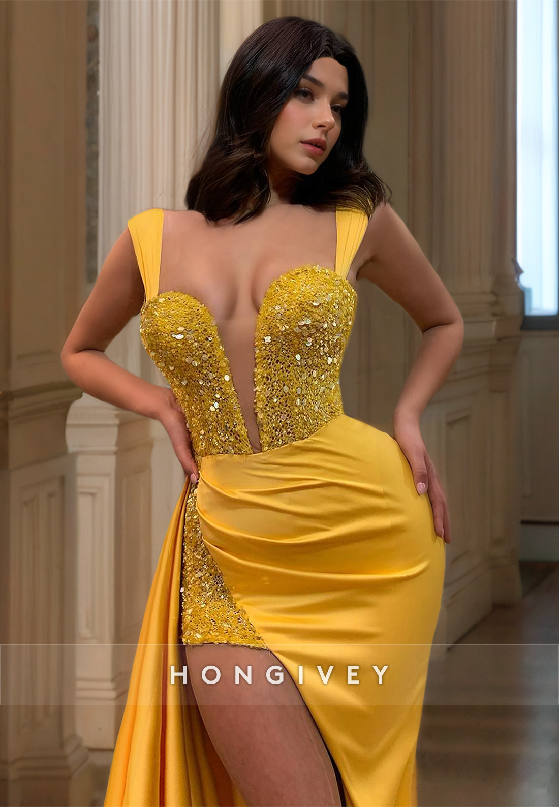 Sparkle Gold Evening Dress Stunning Straps Slit Formal Gown For Women New