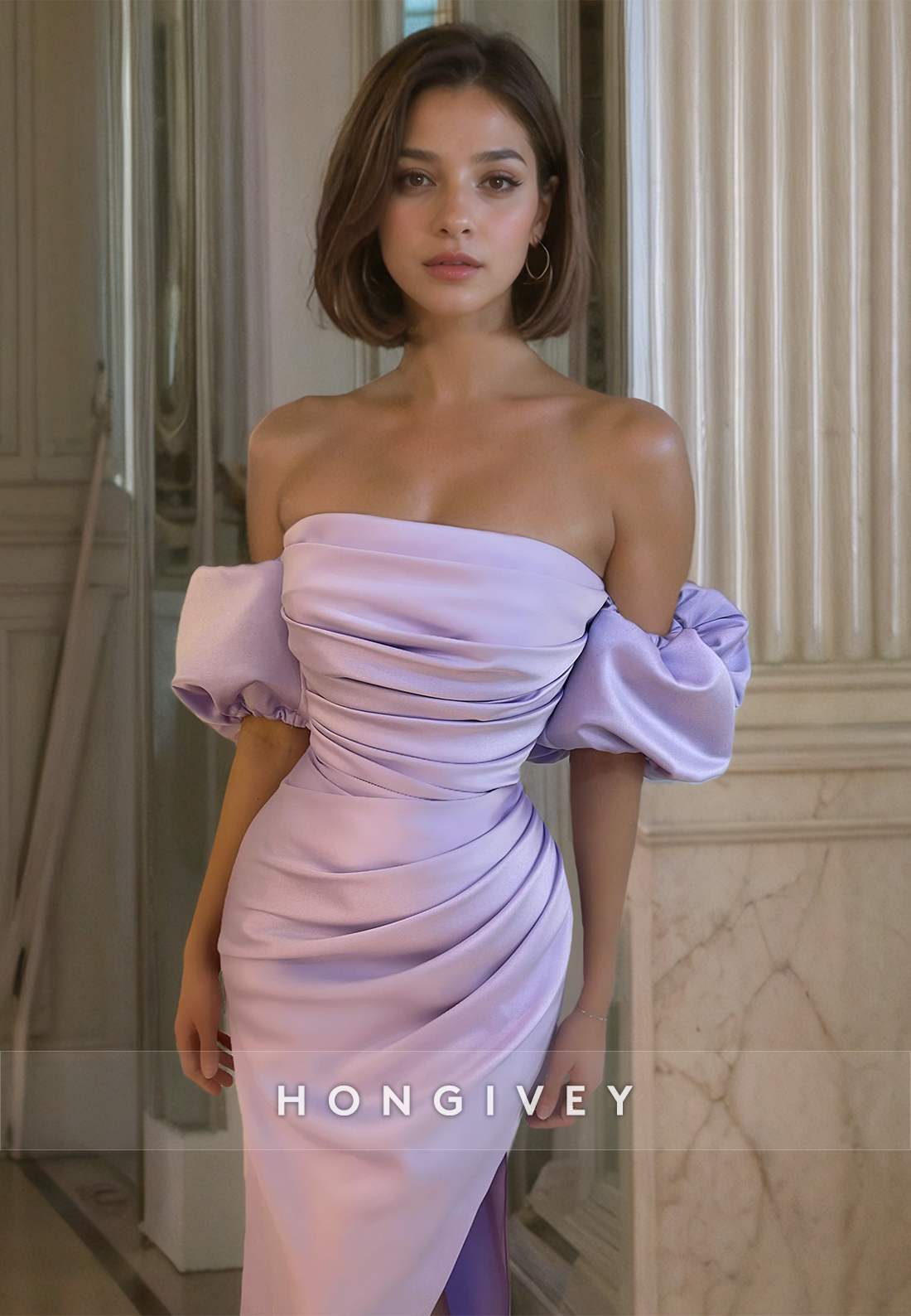 Elegant Formal Evening Dress Purple Offshoulder Sheath Party Prom Gown