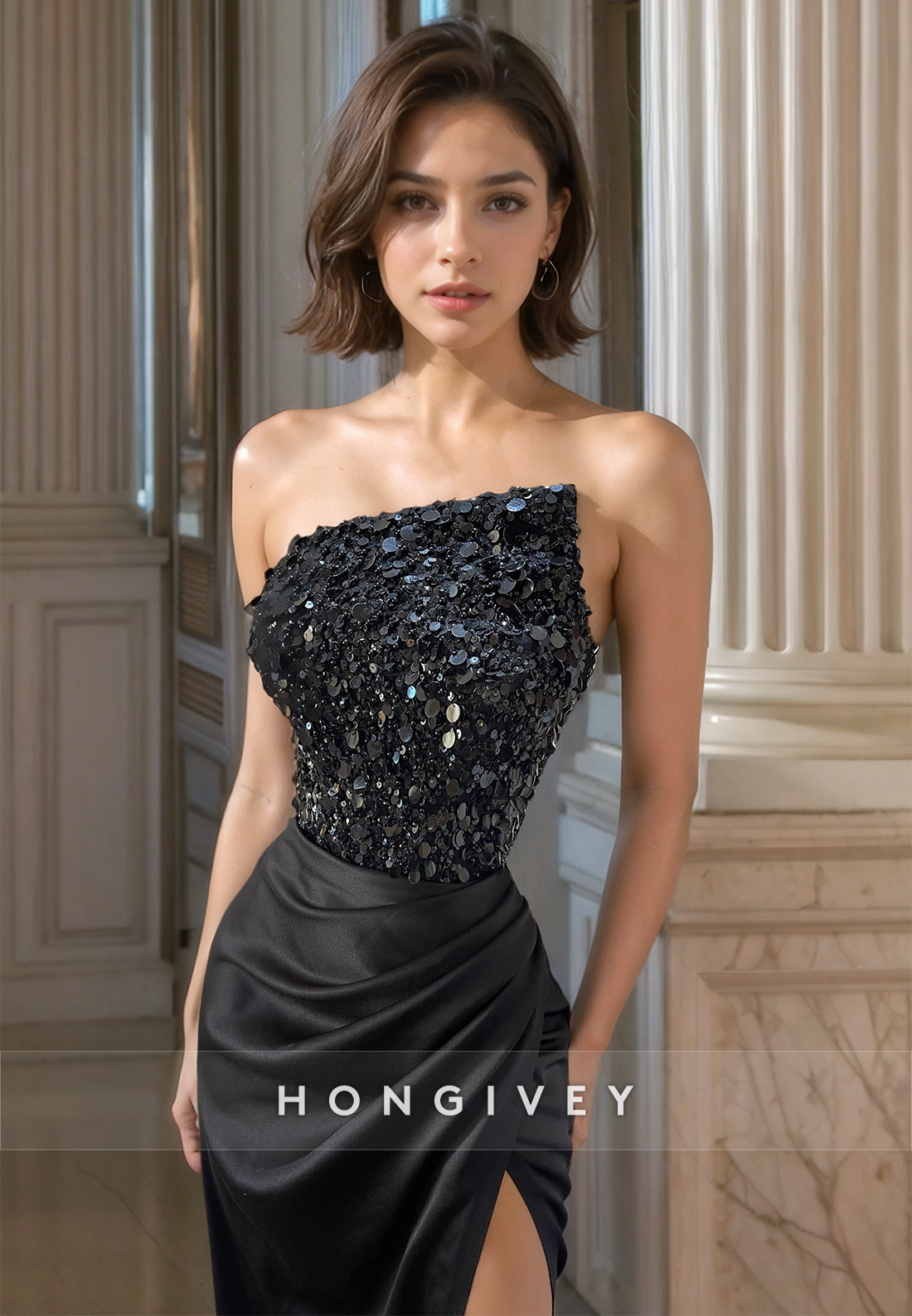 Stunning Black Evening Dress Women Formal Strapless Sheath Prom Gown