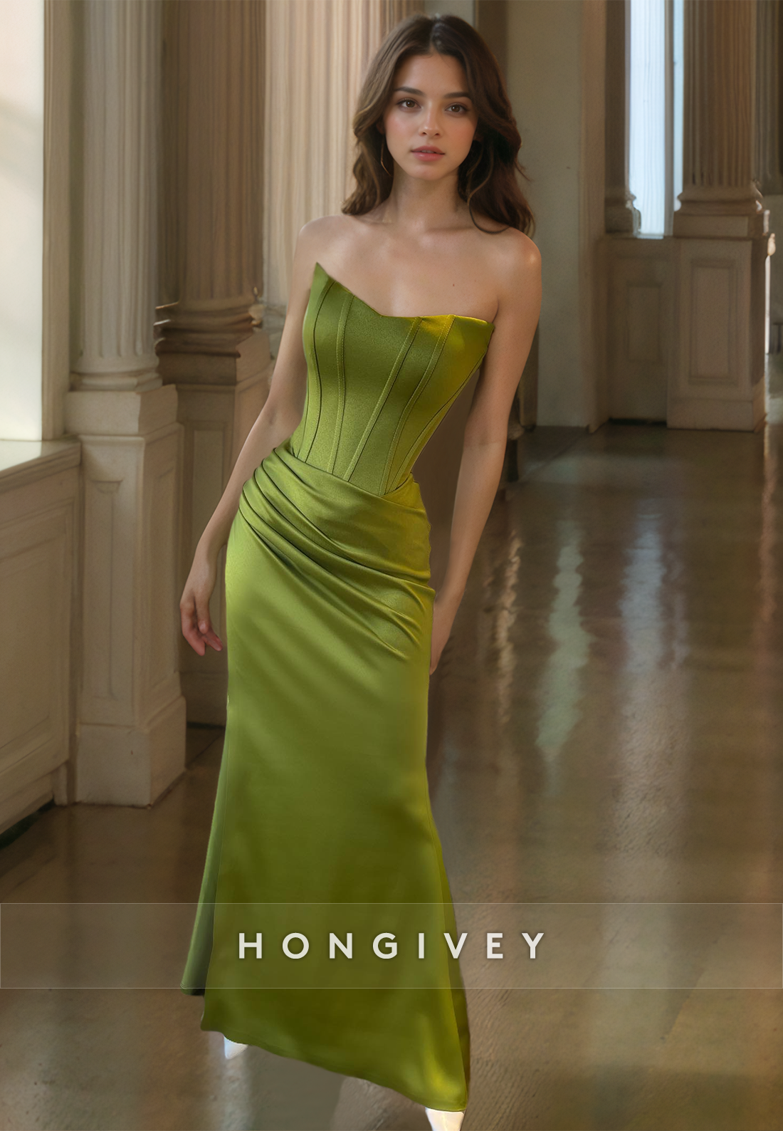 Ruched Evening Dress Simple Green Strapless Sheath Prom Gown