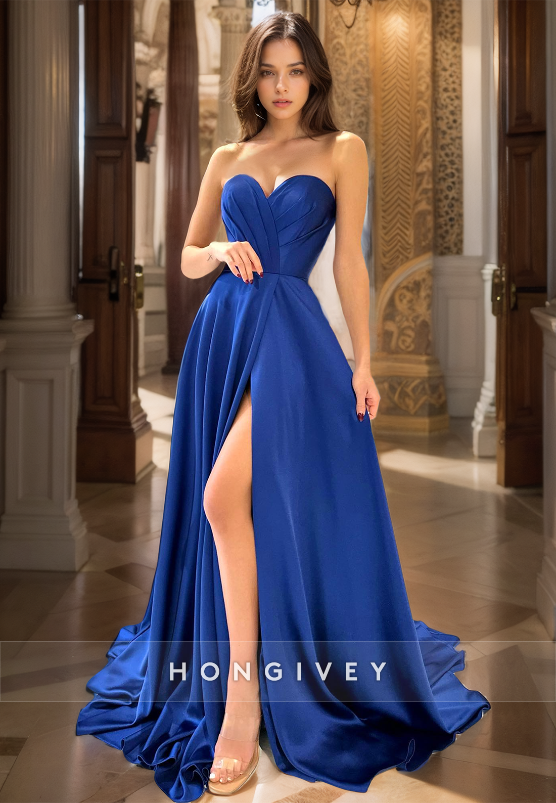 Royal Blue Aline Sweetheart Prom Gown Satin Simple Long Evening Dress