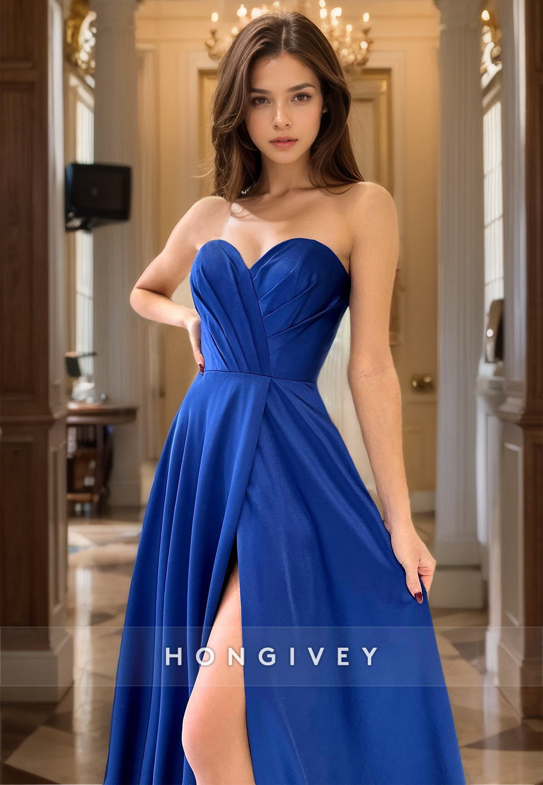 Royal Blue Aline Sweetheart Prom Gown Satin Simple Long Evening Dress