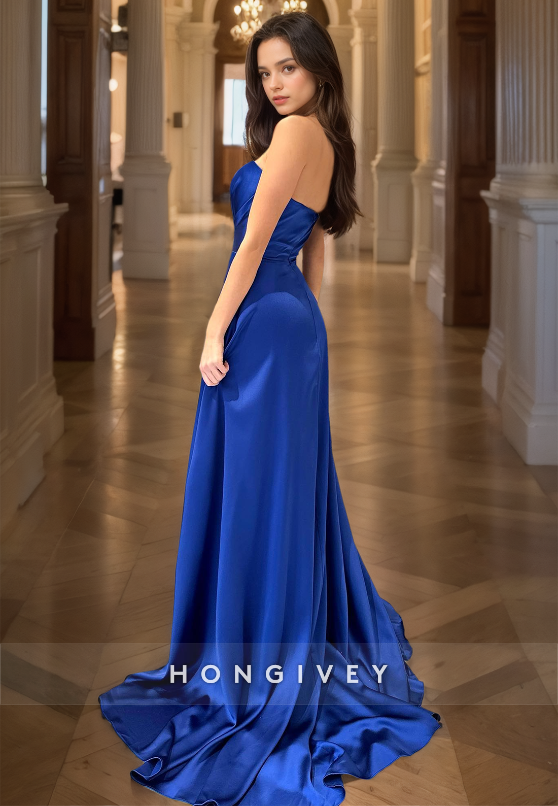 Royal Blue Aline Sweetheart Prom Gown Satin Simple Long Evening Dress