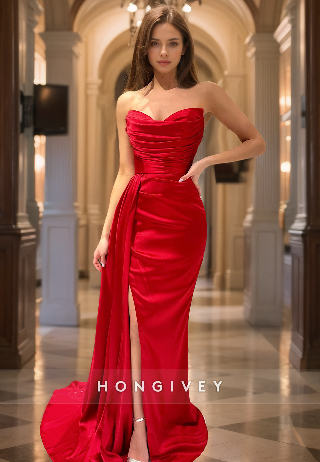 Red Sweetheart Slit Mermaid/Trumpet Evening Dress With Train Satin Prom Gown