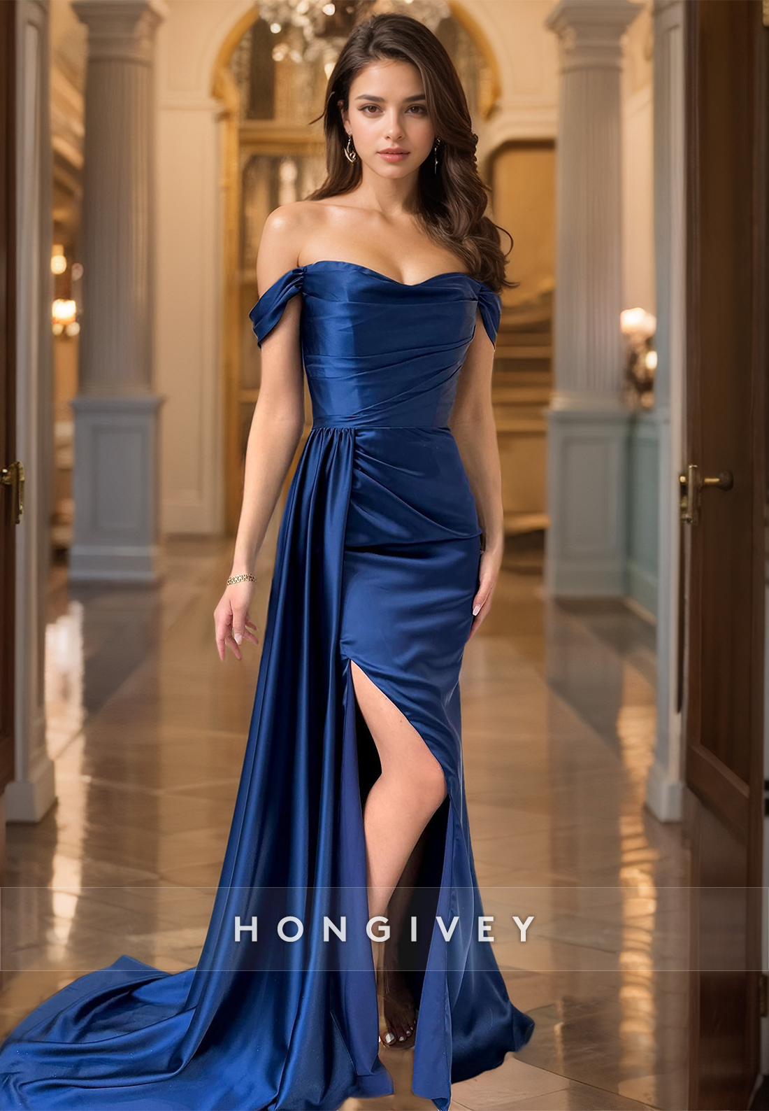 Elegant Offshoulder Evening Dress With Train Royal Blue Mermaid Formal Wear