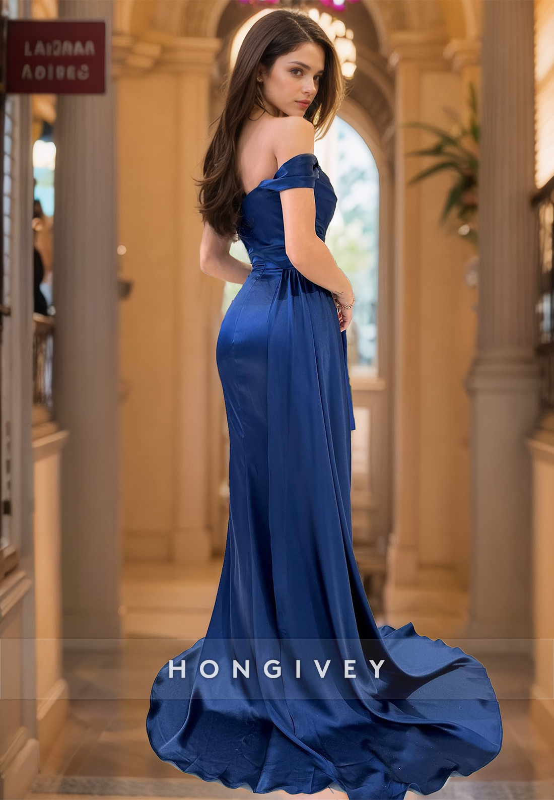 Elegant Offshoulder Evening Dress With Train Royal Blue Mermaid Formal Wear