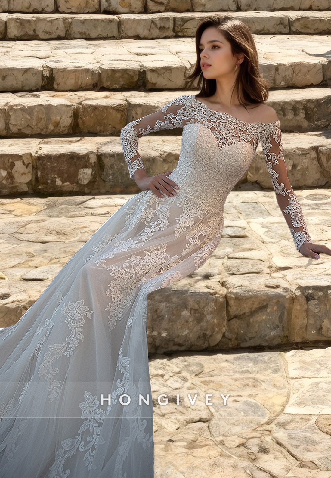 Lace Applique Wedding Dresses Bateau Long Sleeves Aline Long Bridal Dresses