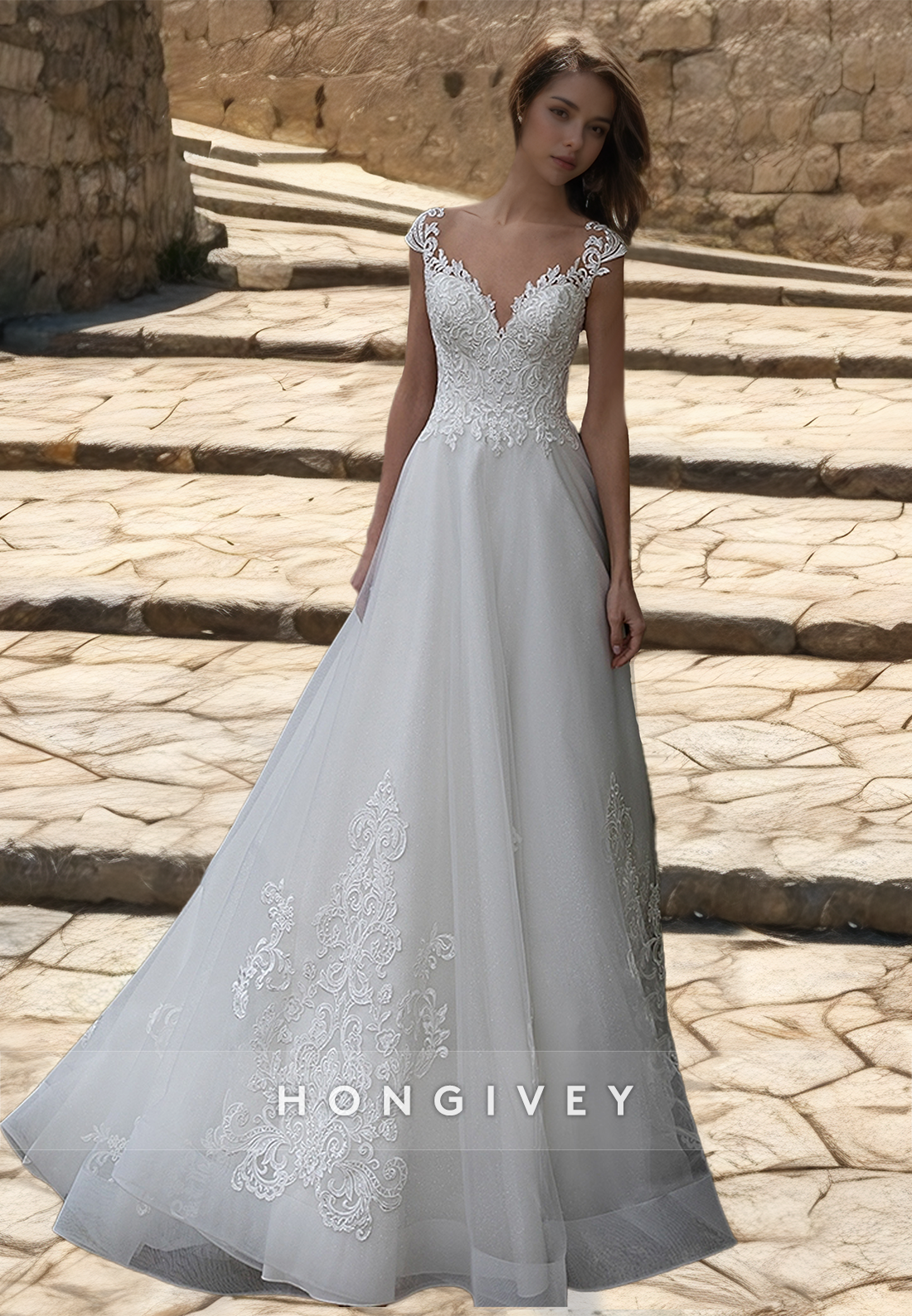 Aline Sleeveless Lace Applique Tulle Wedding Dress With Train