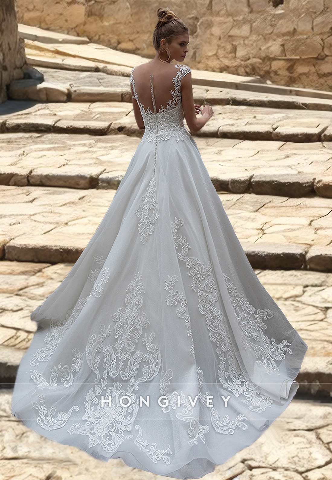 Aline Sleeveless Lace Applique Tulle Wedding Dress With Train