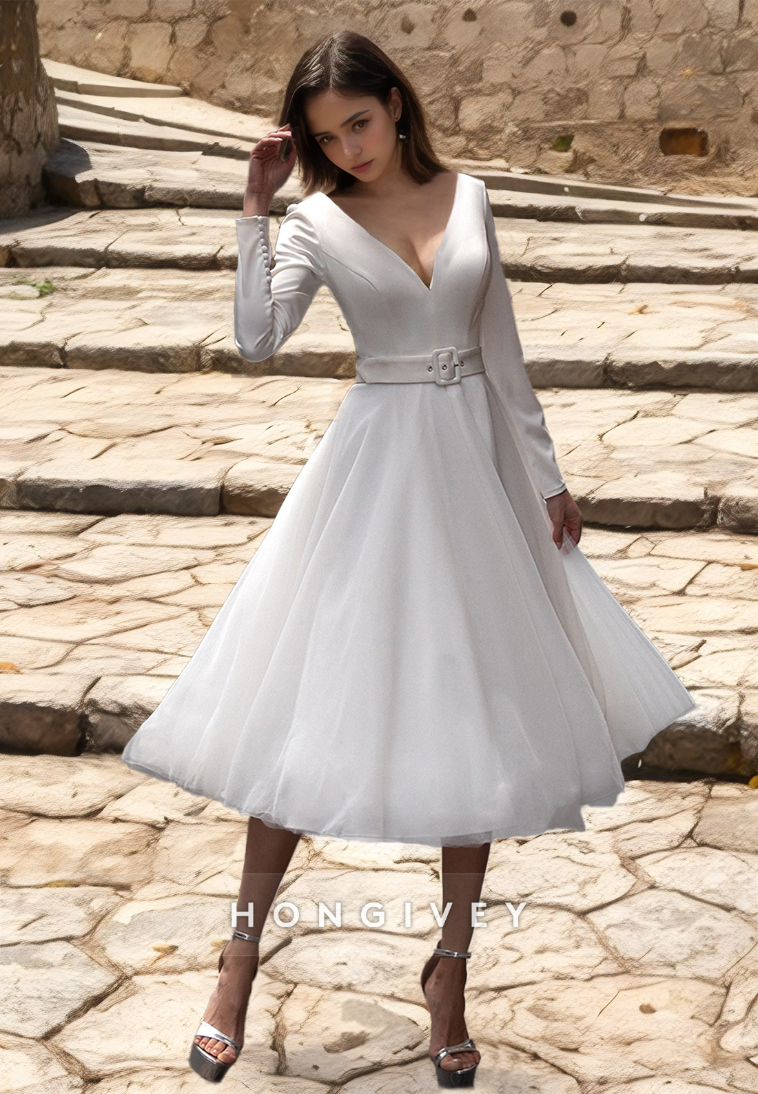 Short Aline Beach Wedding Dress Belt Long Sleeves Vneck Knee Bridal Dresses