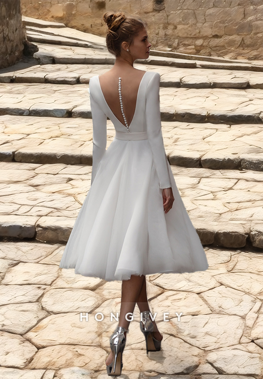 Short Aline Beach Wedding Dress Belt Long Sleeves Vneck Knee Bridal Dresses