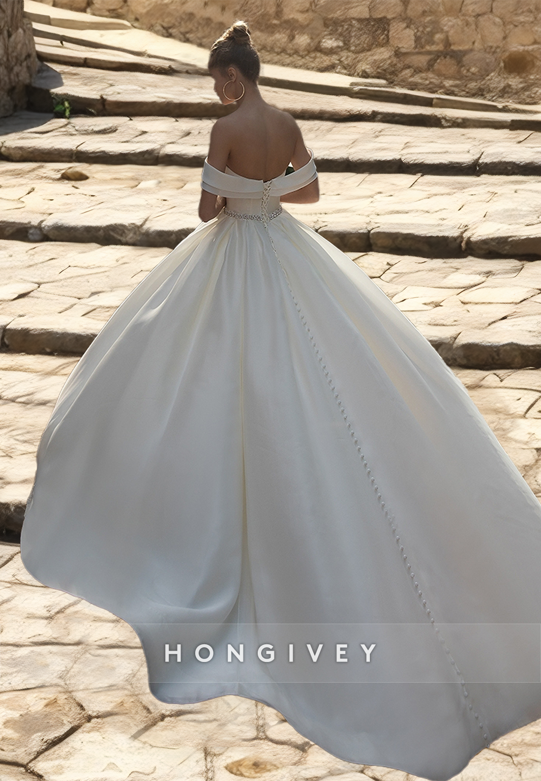 Elegant Wedding Dress With Train Belt Offshoulder Aline Tulle Bride Gown