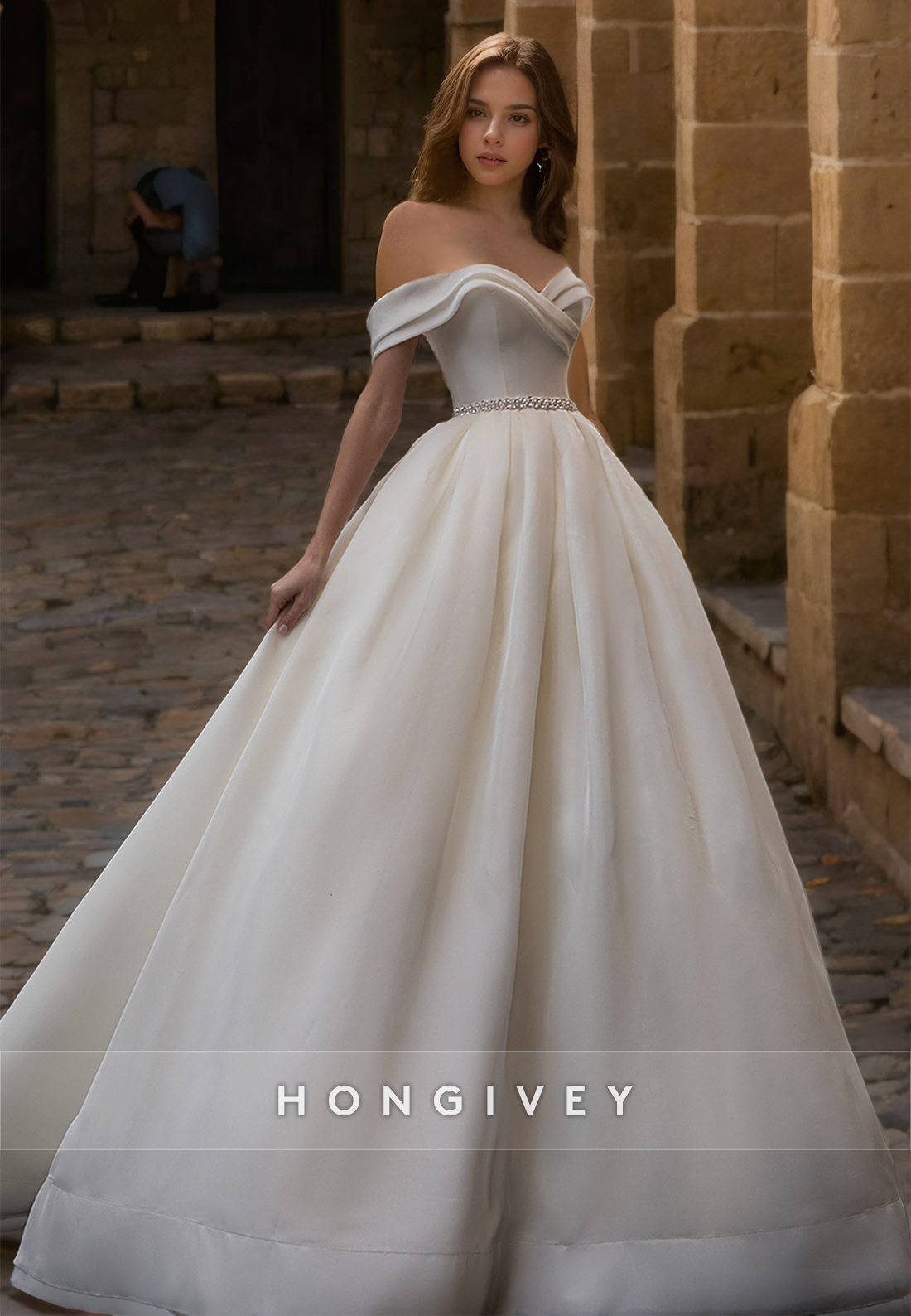 Elegant Wedding Dress With Train Belt Offshoulder Aline Tulle Bride Gown