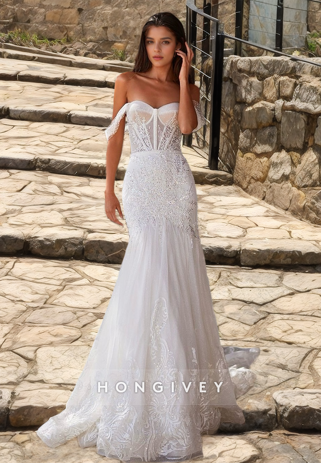 New Mermaid Wedding Dresses With Train Offshoulder Lace Beads Bride Gown