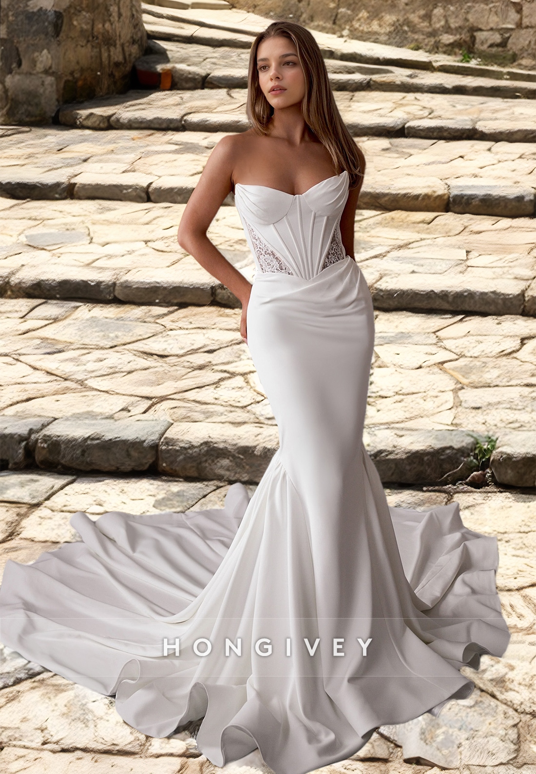 Mermaid Wedding Dress With Train Sweetheart Strapless Sleeveless Bride Gown