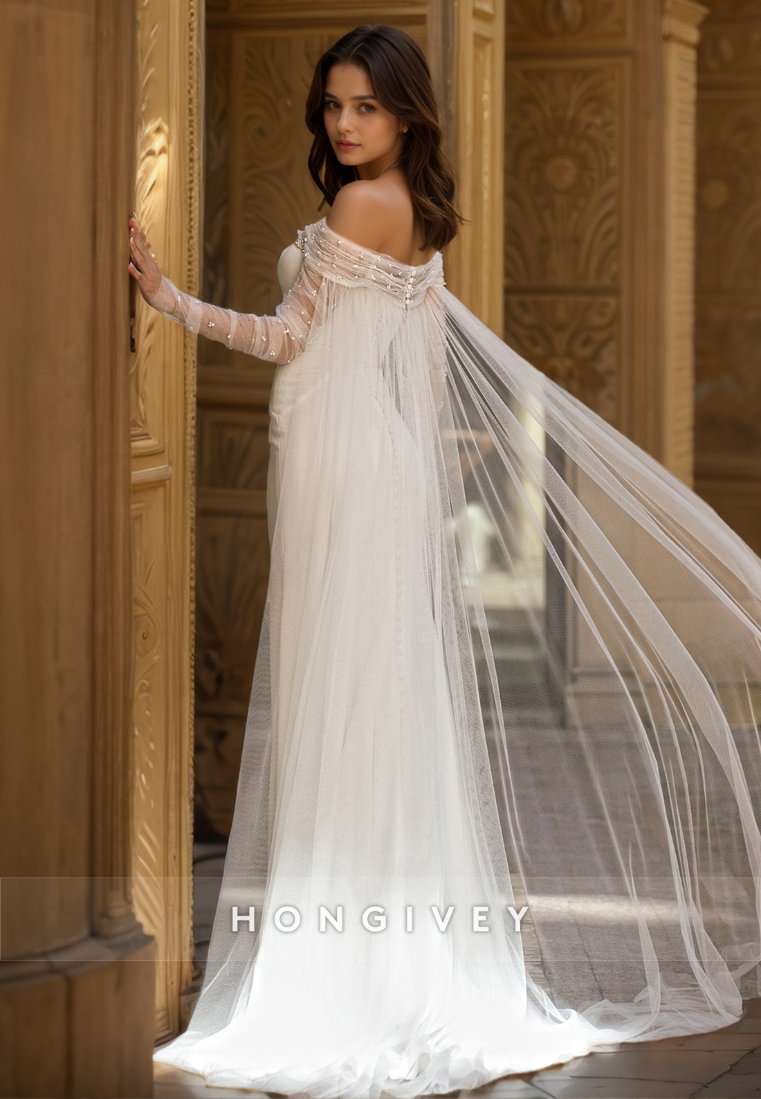 Tulle Beach Wedding Dress Cap Sleeves Offshoulder Pearls Bride Gown