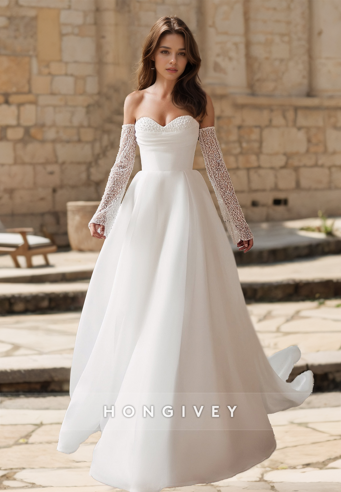 Beaded Tulle Wedding Dress With Train Sweetheart Long Sleeves Bride Gown