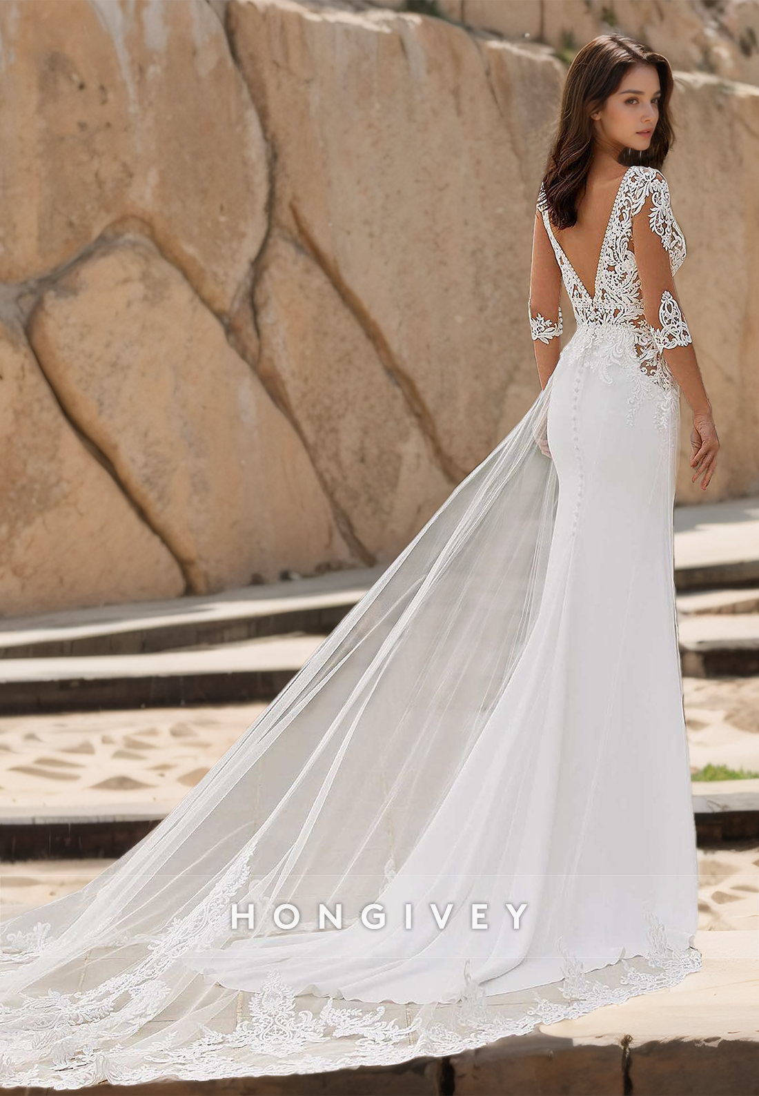 Beach Mermaid Wedding Dress With Train Vneck Sleeves Lace Elegant Bride Gown