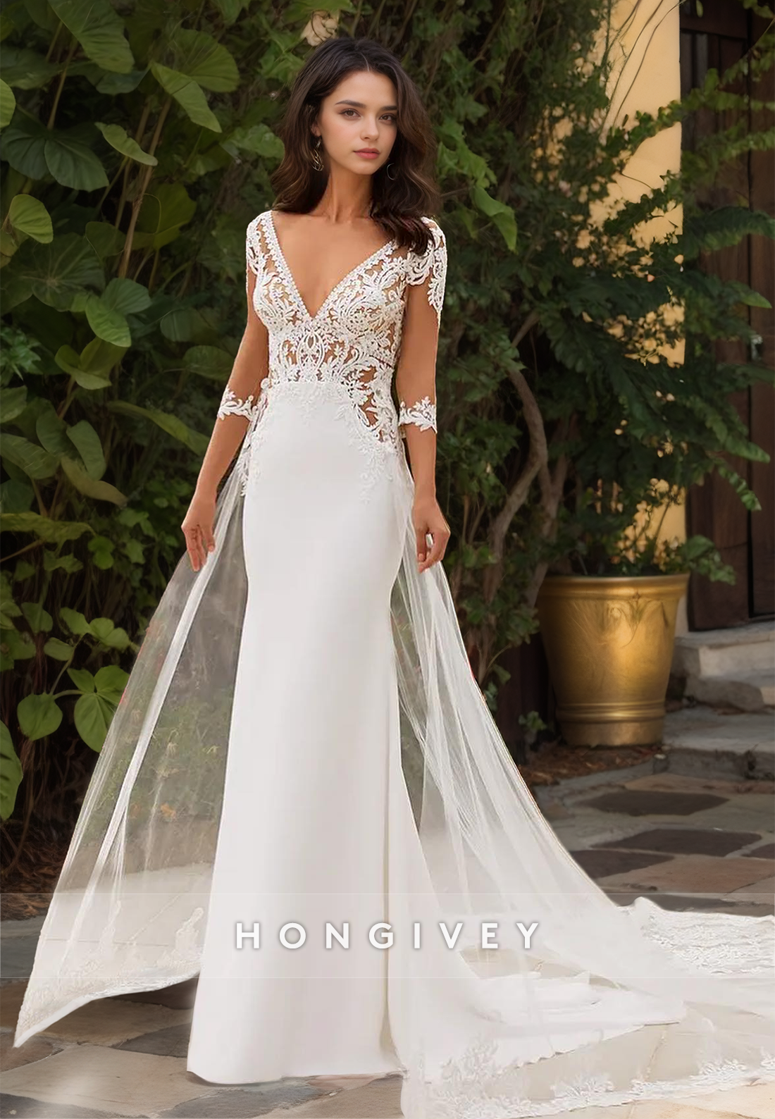 Beach Mermaid Wedding Dress With Train Vneck Sleeves Lace Elegant Bride Gown