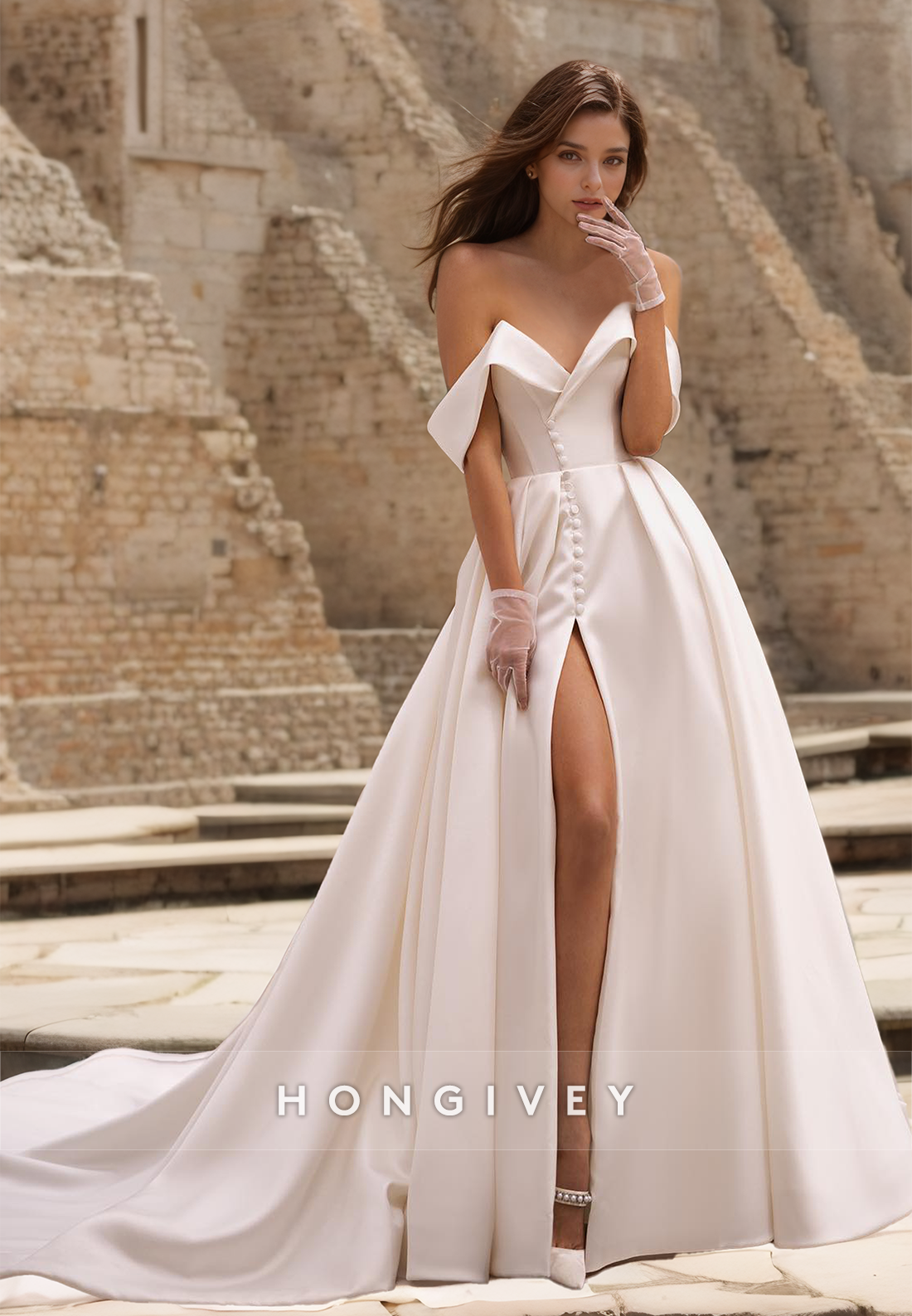 Elegant Wedding Dress Bow Side Slit Offshoulder Sweetheart Bridal Dresses