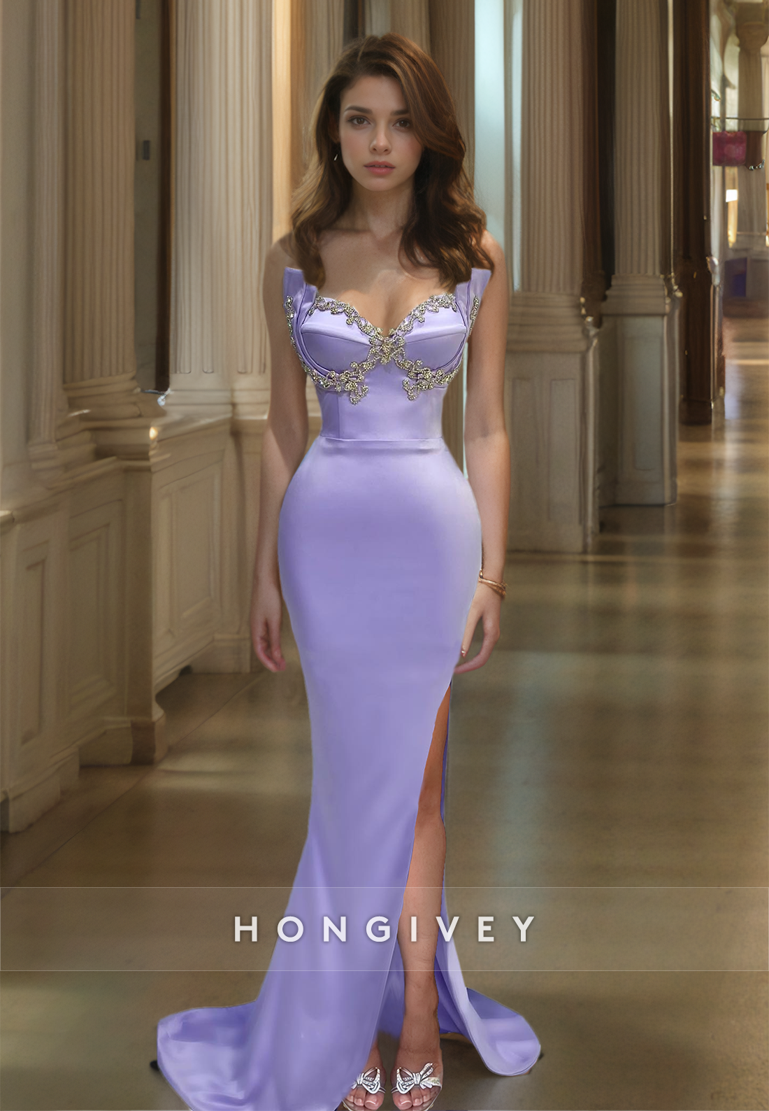 Lilac Sweetheart Mermaid Evening Dress Slit Sleeveless Prom Gown