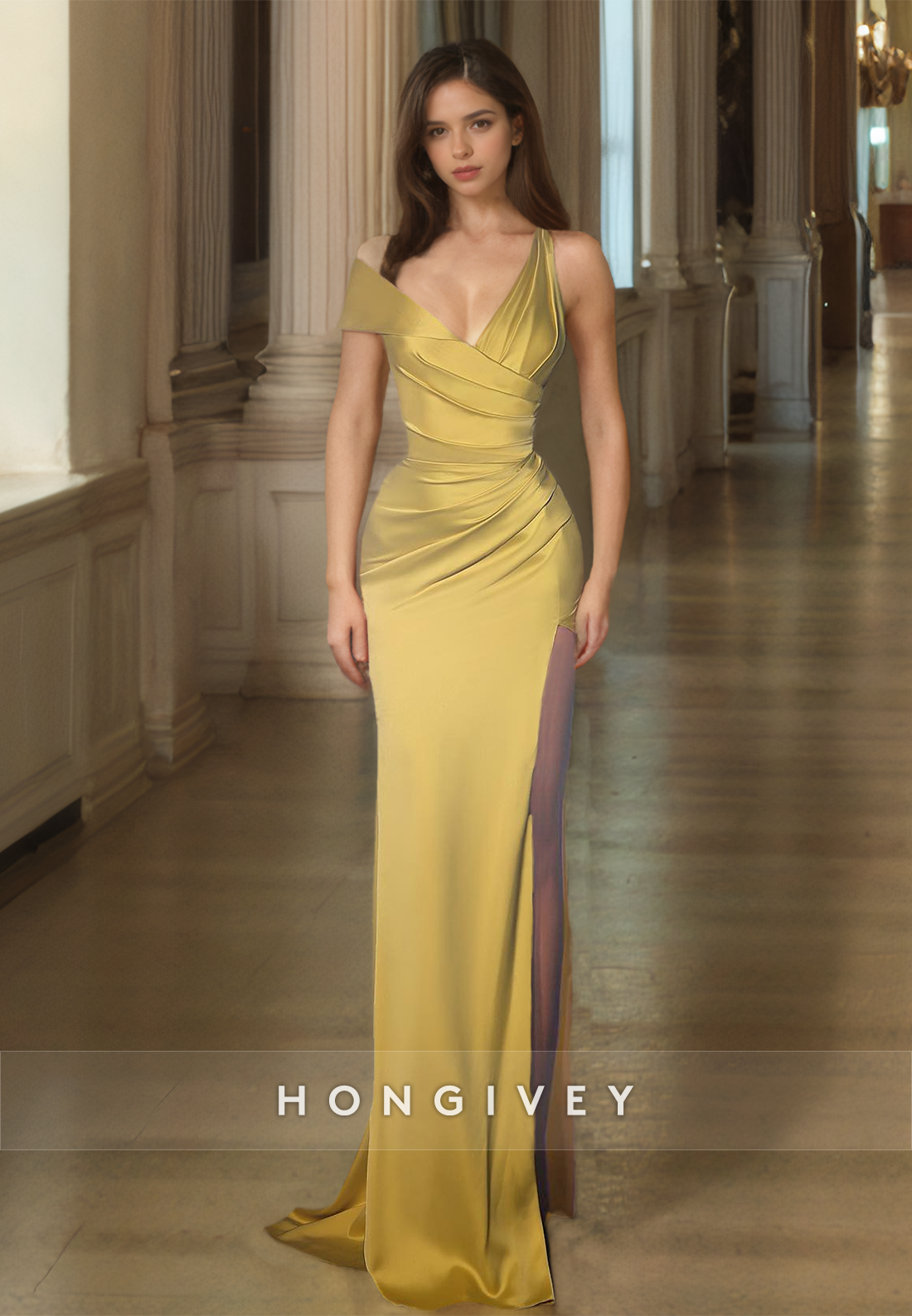 Gold Asymmetrical Formal Party Gown With High Side Slit Satin Evening Dress