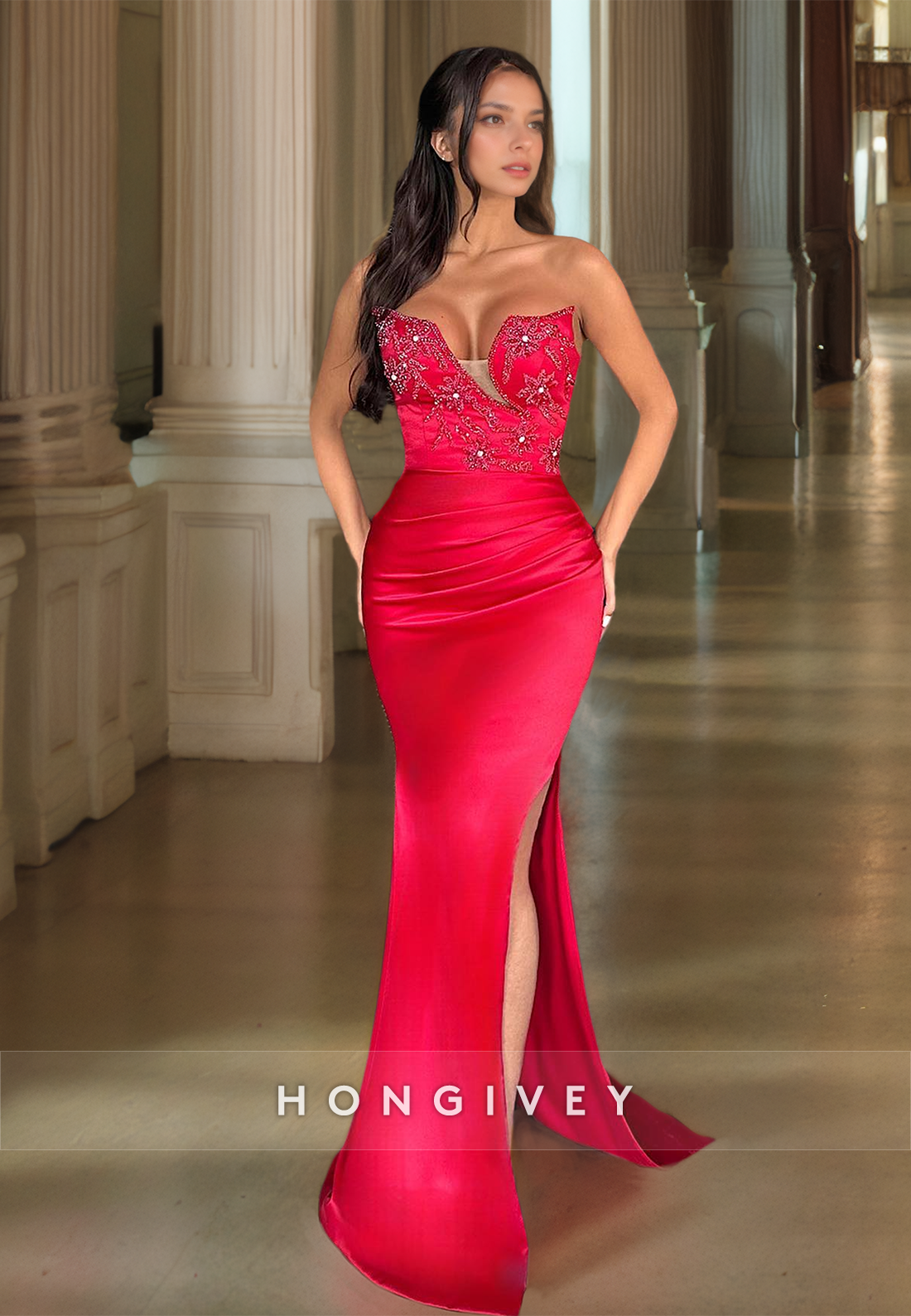 Red Beaded Sweetheart Satin Evening Dress Side Slit Mermaid Prom Gown