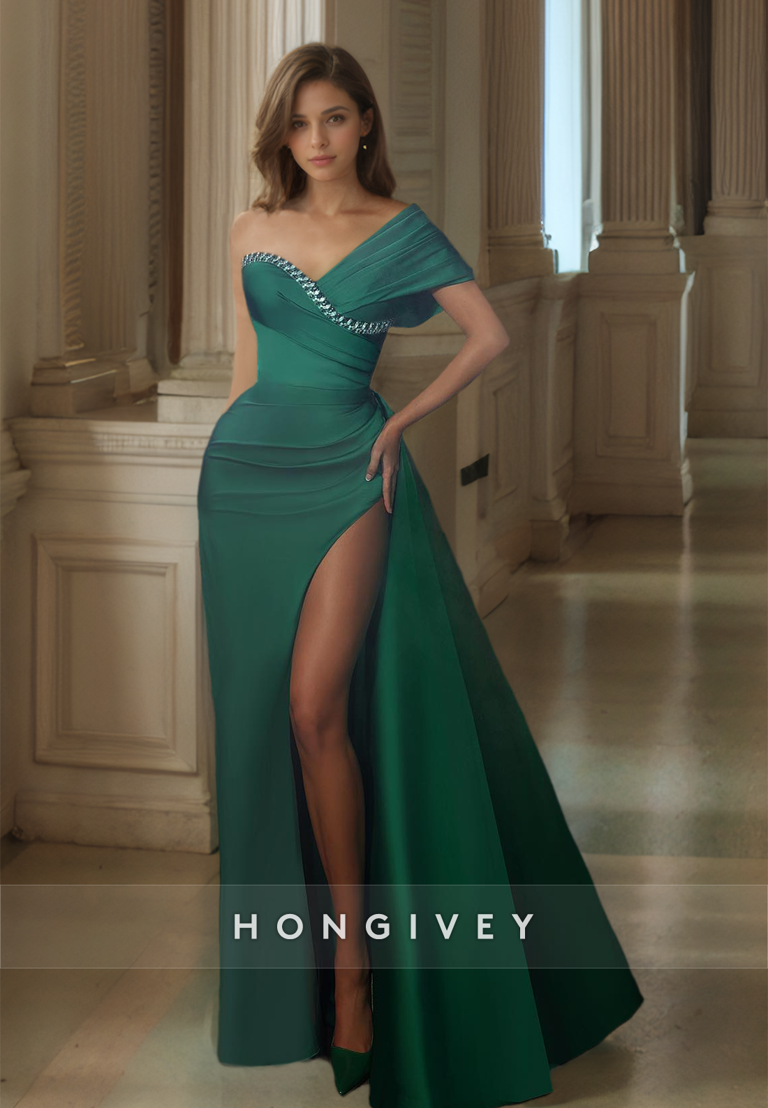 Elegant One Shoulder Evening Dress Side Slit Green Long Formal Party Prom Gown