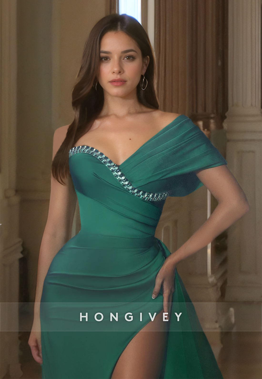 Elegant One Shoulder Evening Dress Side Slit Green Long Formal Party Prom Gown