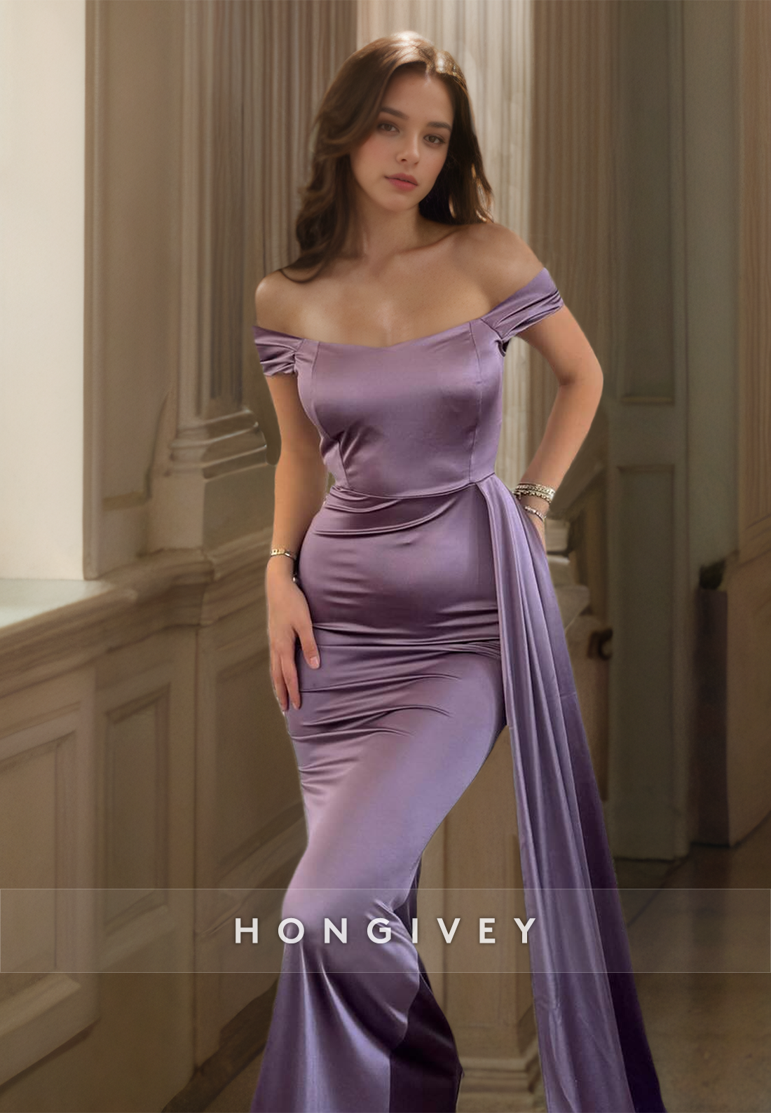 Elegant Offshoulder Mermaid Satin Evening Dress Formal Party Gown Custom