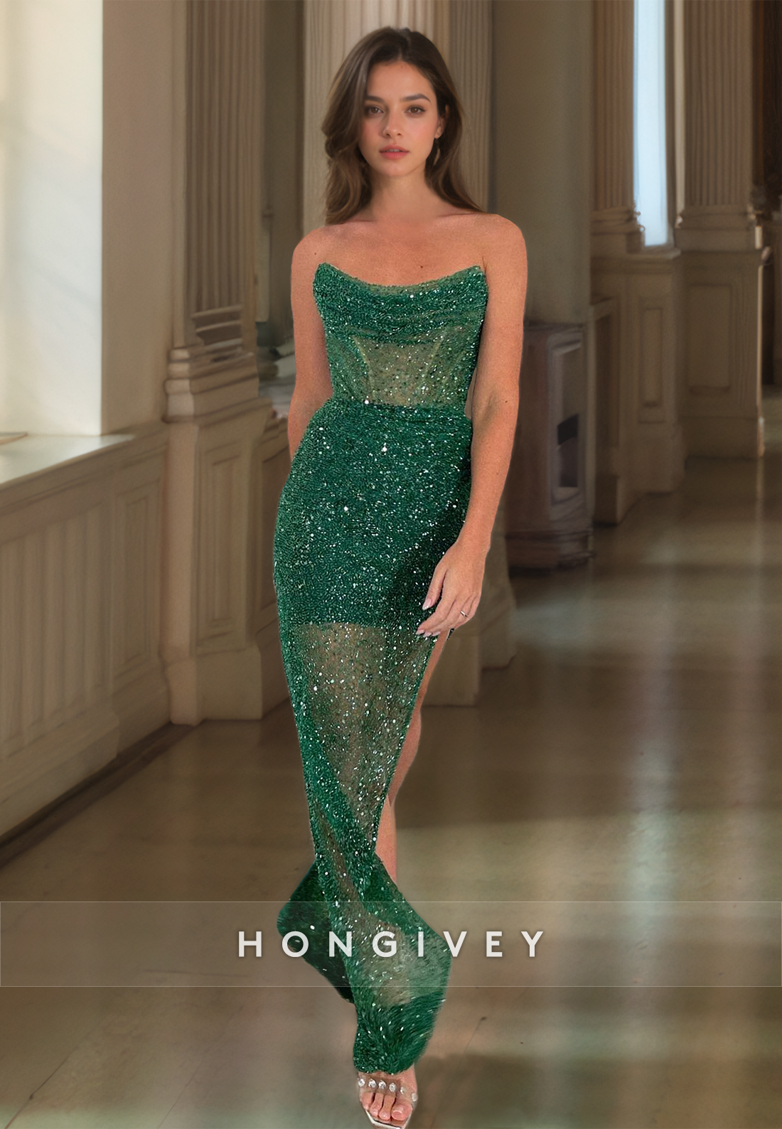 Dark Green Sequins Sheath Evening Dress Sleeveless Long Party Gown