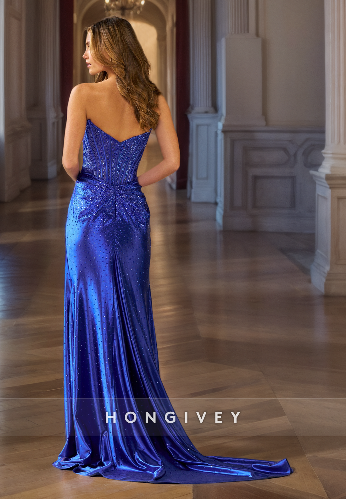 Glitter Mermaid/Trumpet Evening Dress Royal Blue High Side Slit Long Prom Gown