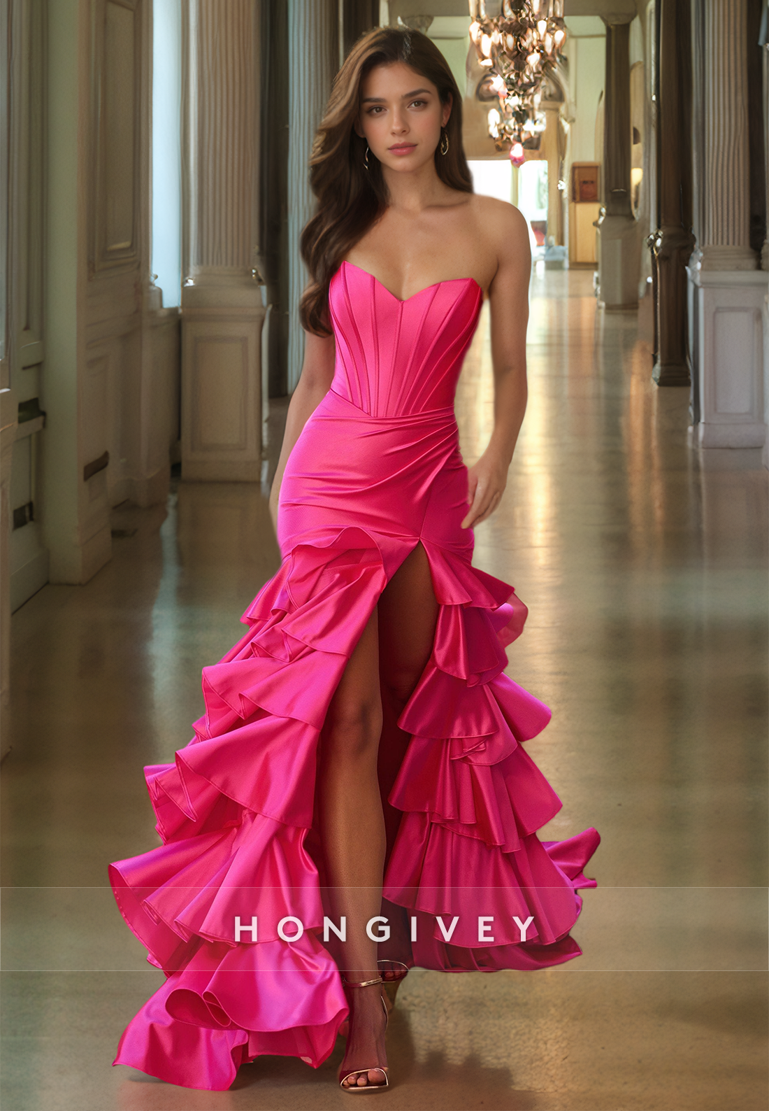 Fuchsia Tiered Prom Dress With Train Sweetheart Long Party Gown