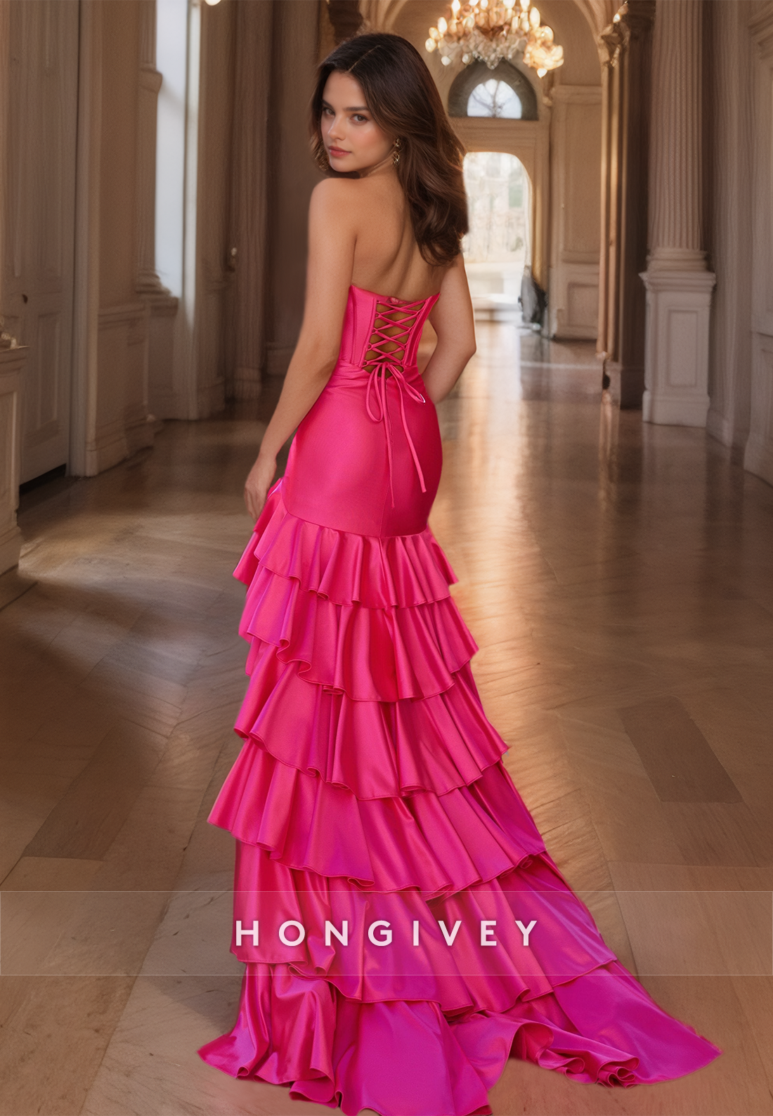 Fuchsia Tiered Prom Dress With Train Sweetheart Long Party Gown