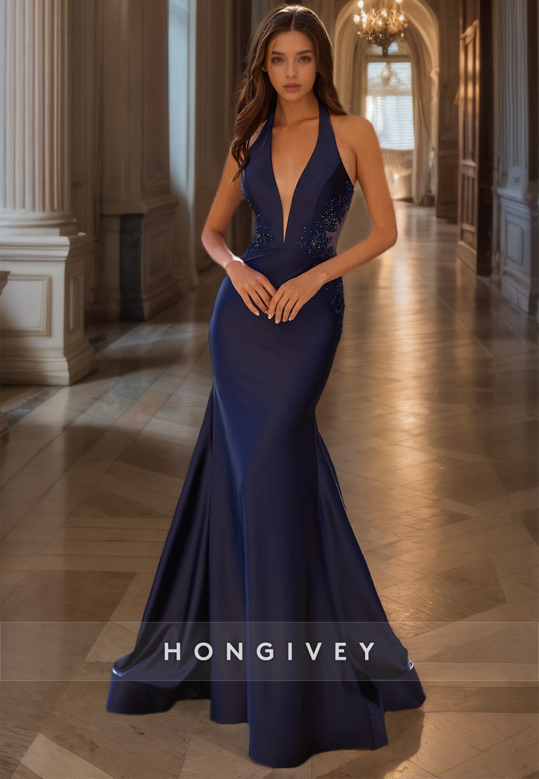 Sexy Vneck Mermaid Evening Dress With Train Fitted Satin Prom Gown