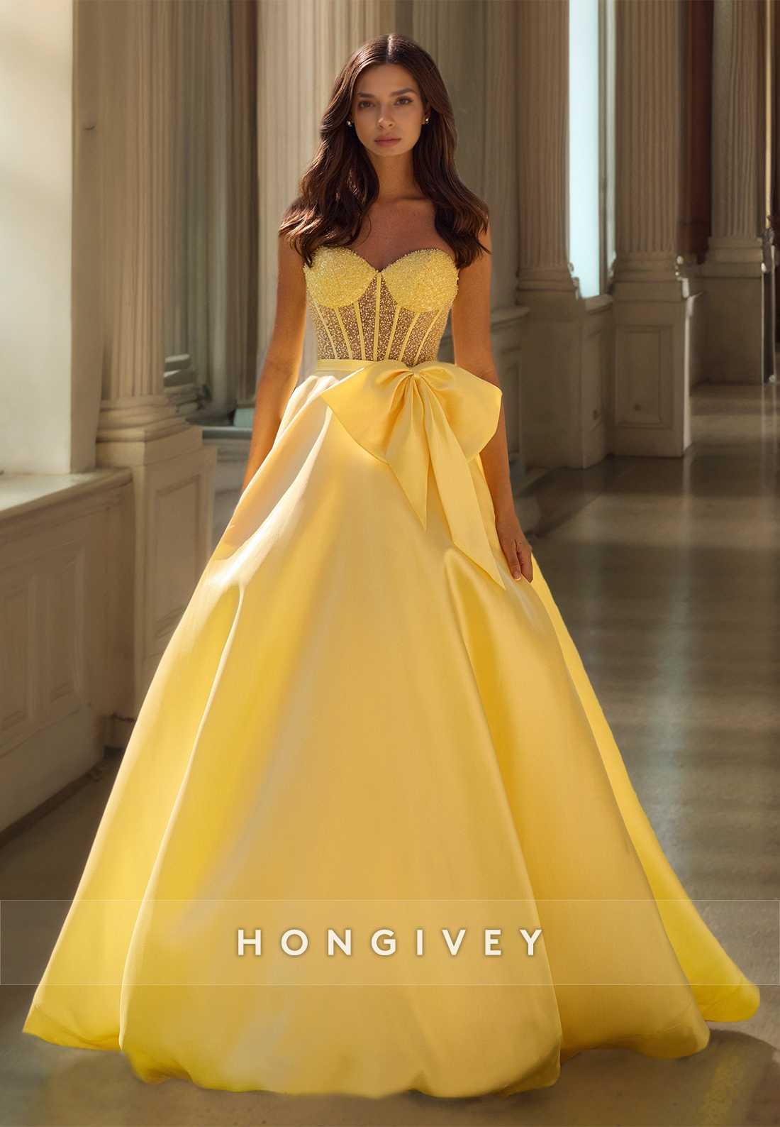 Sweetheart Bow Prom Gown Aline Evening Dress Yellow Quinceanera Dresses