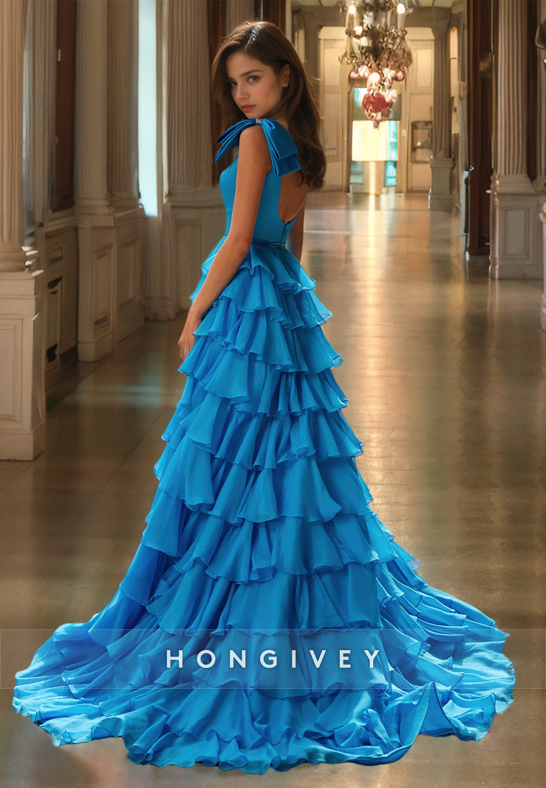 Blue Tiered Tulle Aline Prom Gown Classic Square Floor Length Evening Dress