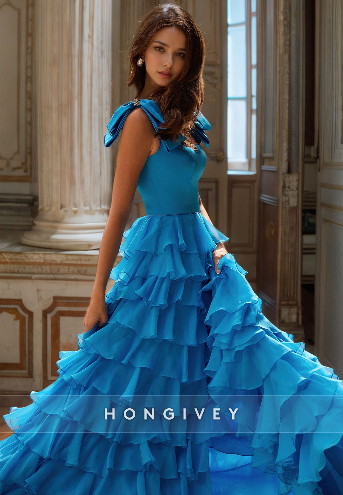 Blue Tiered Tulle Aline Prom Gown Classic Square Floor Length Evening Dress